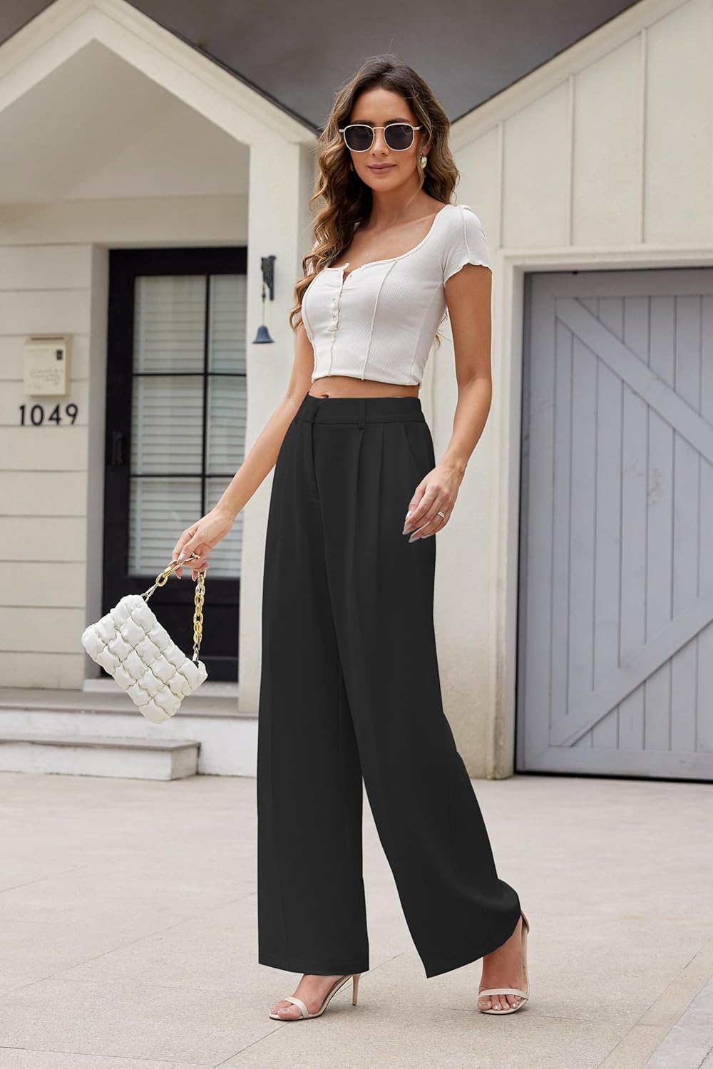 Women Office Wide High Waist Pants Loose Fit Elastic Waist Pleated Front Trousers for Work Casual - Image 2