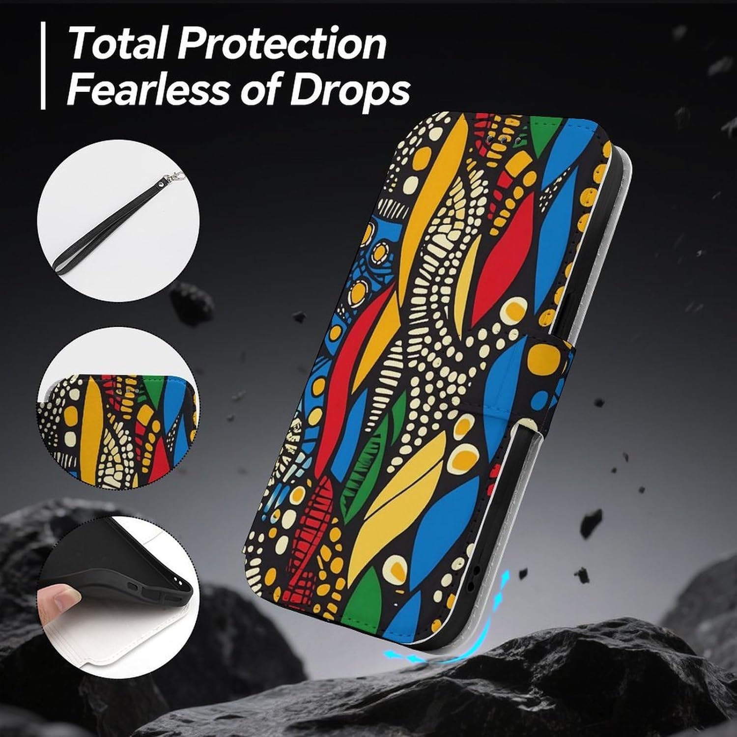African Traditional Pattern Print Compatible with iPhone 16/16 Plus/16 Pro/16 Pro Max/16 E Case Phone Wallet Card Holder Flip Cover with Wrist Strap