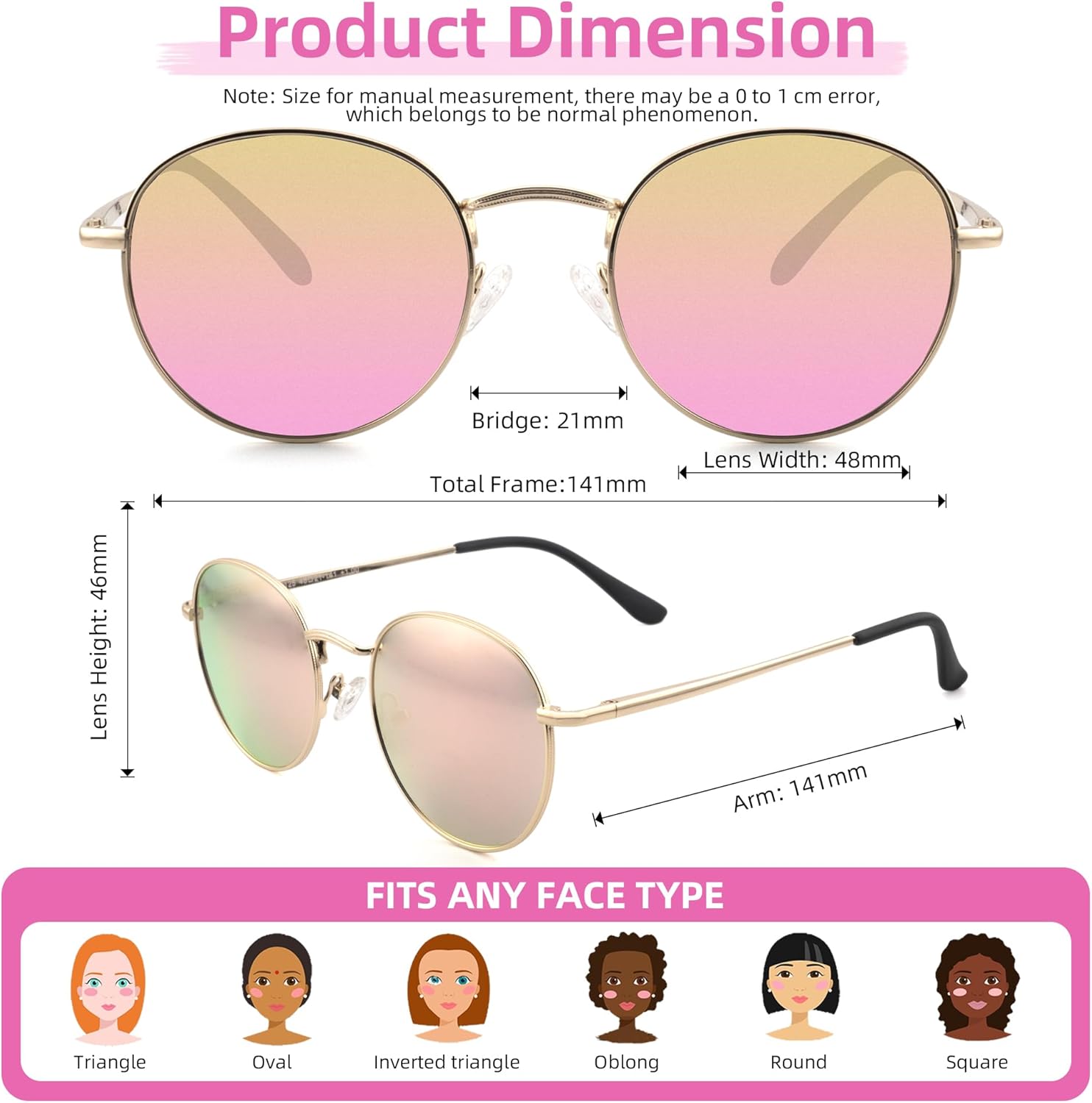 Round Full Reading Sunglasses Women Men, Mens Womens Sun Readers Metal Circle Frame Mirrored Pink Blue NON BIFOCAL Gold Frame Mirrored Pink Lenses, 2.50 - Image 2