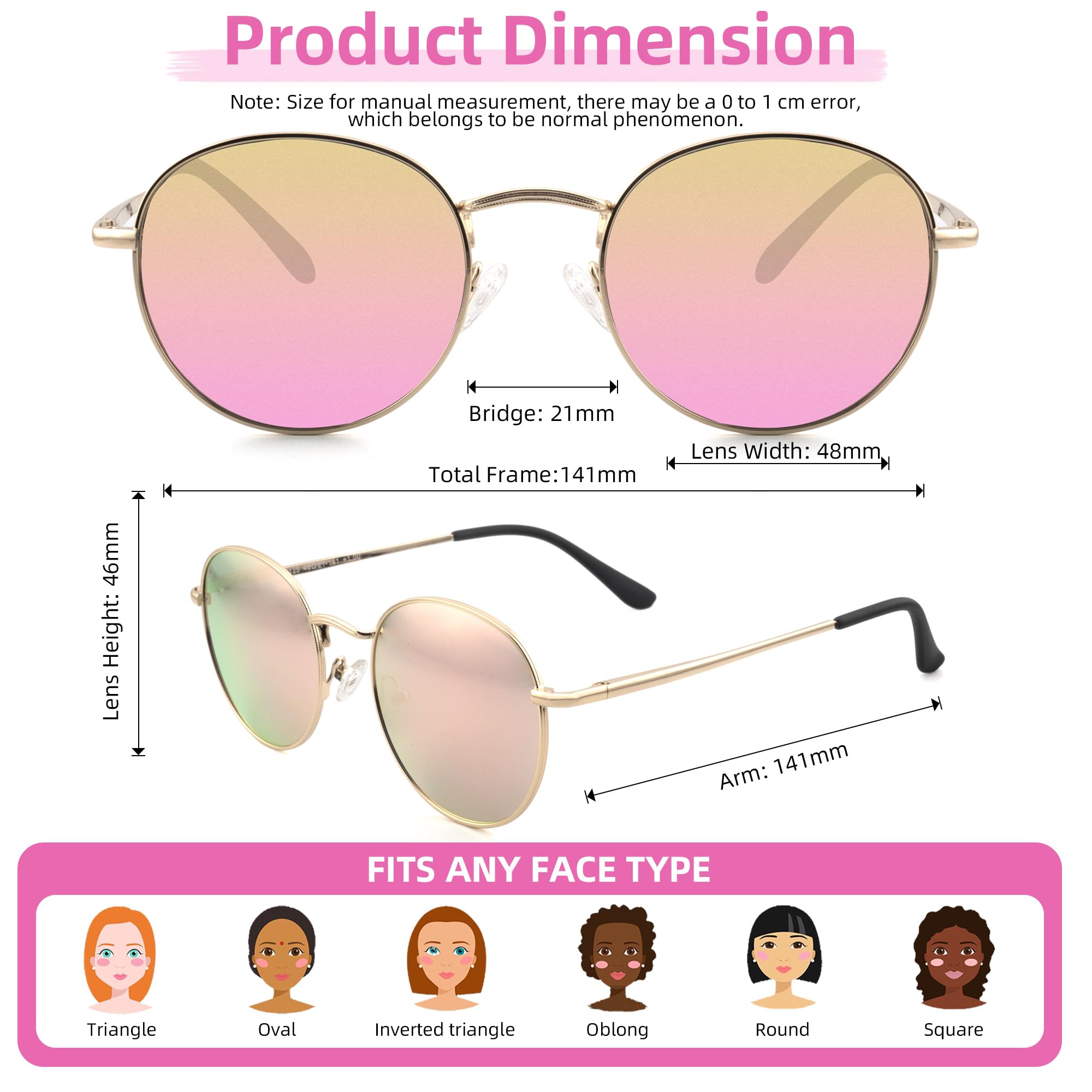 SOPHILY Round Full Reading Sunglasses Women Men, Mens Womens Sun Readers Metal Circle Frame Mirrored Pink Blue NON BIFOCAL Gold Frame Mirrored Pink Lenses, 2.50