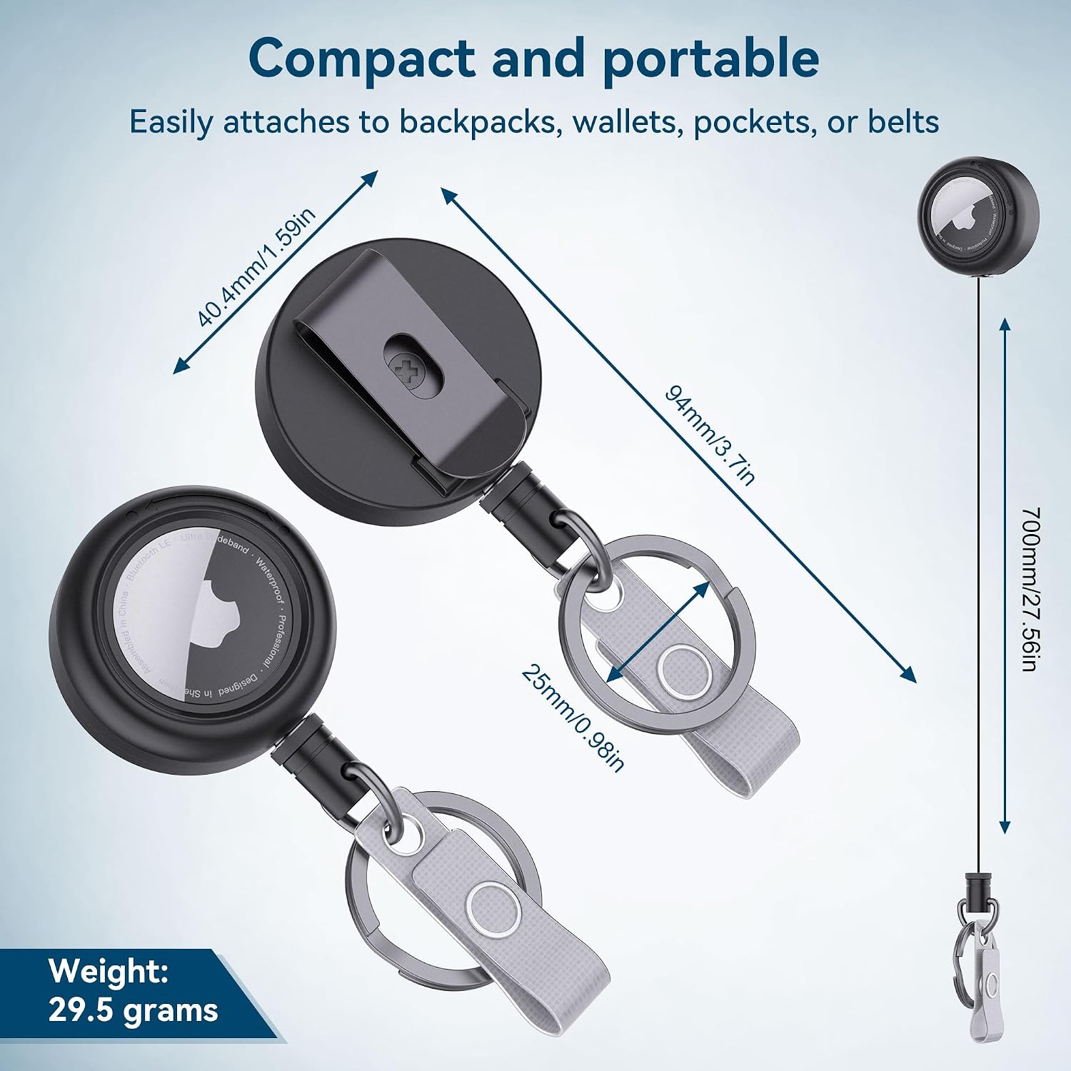 DDJ 1Pack Case for AirTag (Generation 1 & 2) Security Clip Keychain - 28 inch/70 cm Telescopic Rope, with ID Card Badge Reel