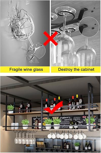 Portabottiglie da Soffitto - Porta Bicchieri Sospesi 2 Strati Industriale, Espositore Portabottiglie per Vino Con Guardrail, Facile da Installare, per Cucina Bar Caffetteria (120×30×80cm, Black) - 5
