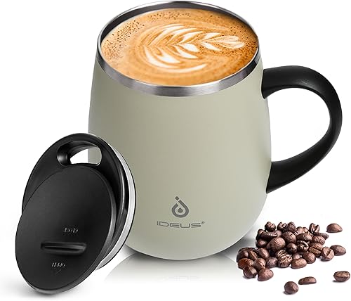 Ideus 16 oz (470 ml) Taza de café aislada con asa y tapa, taza de café térmica de acero inoxidable de doble pared con aislamiento al vacío, taza de