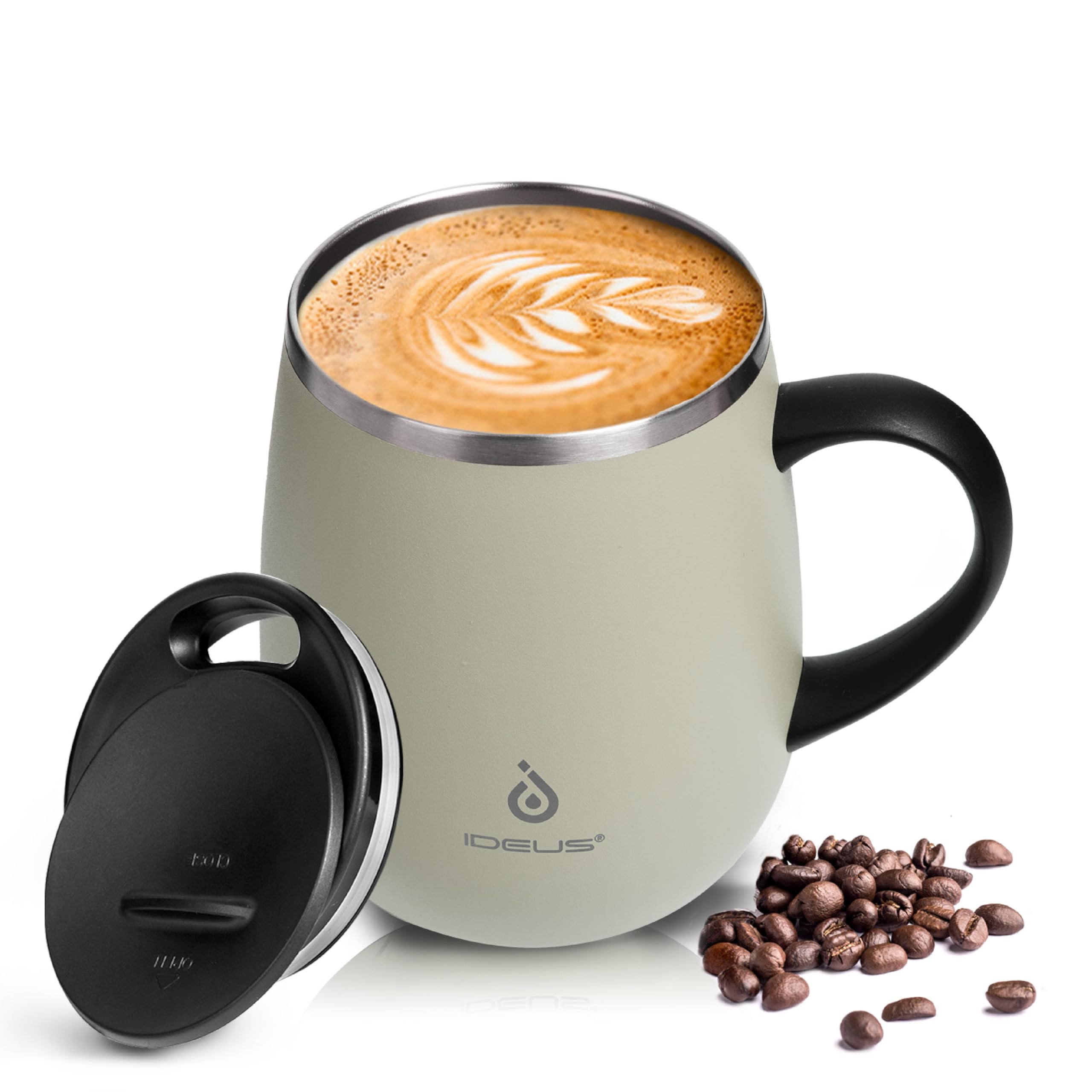 Ideus Kaffeebecher 470 ml (16 oz), doppelwandige vakuumisolierte Kaffee- und Teetasse aus Edelstahl mit rutschfestem Griff und Schiebemoduldeckel und großem Volumen (Céladon)