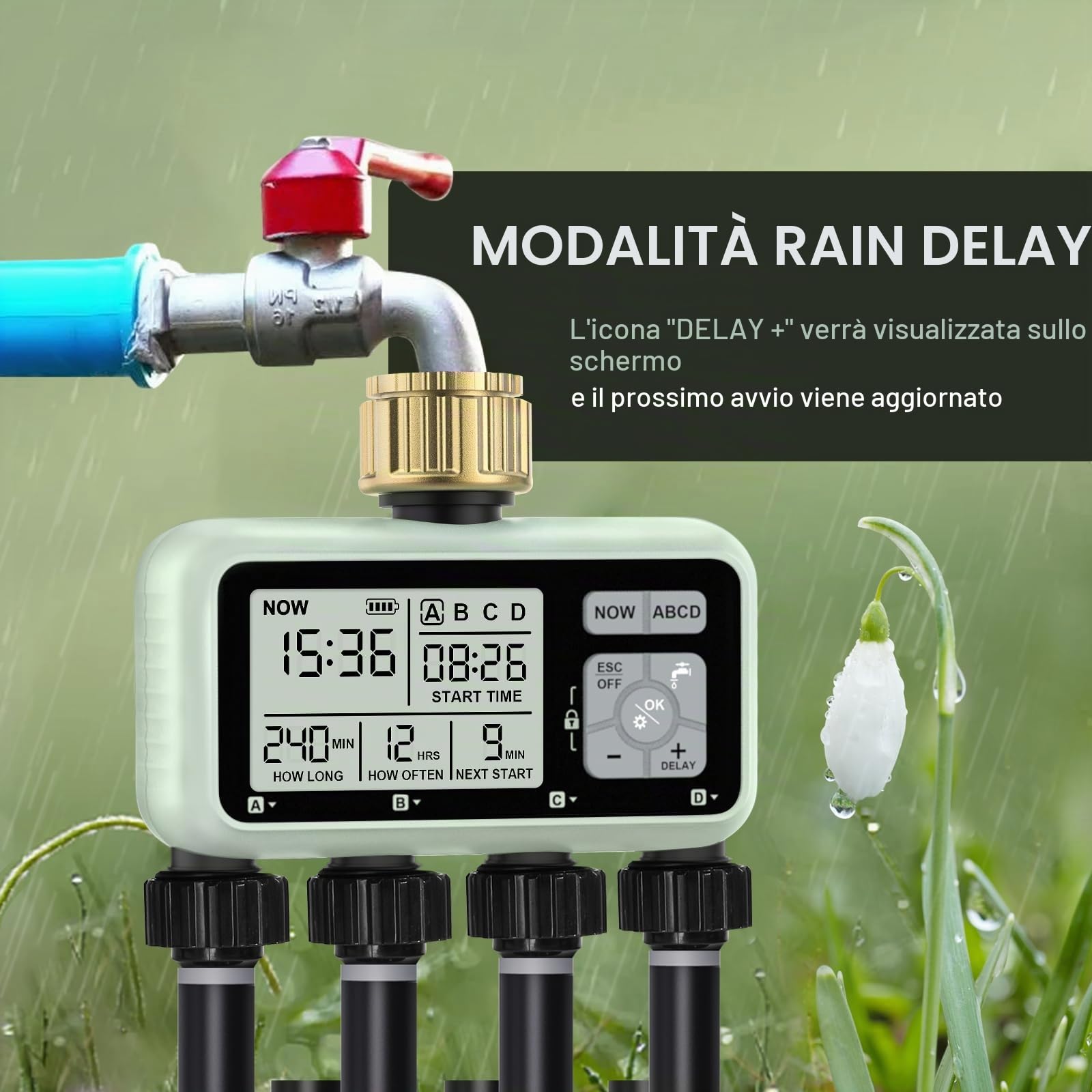 Timer per irrigazione a 4 zone con ingresso in ottone, timer irrigatore, timer programmabile per rubinetto del tubo da giardino esterno con ritardo della pioggia/sistema di irrigazione manuale