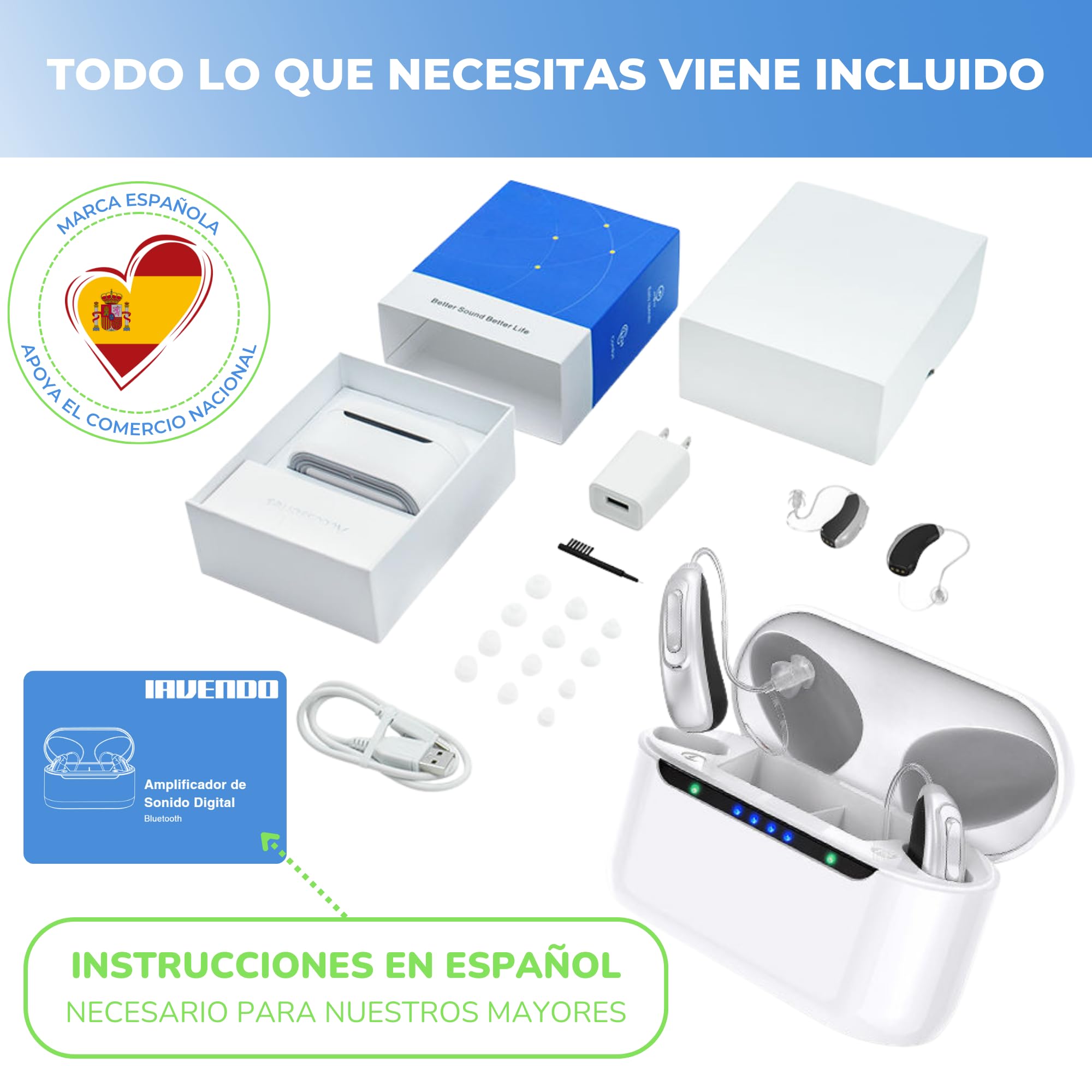 Amplificador de Sonido Recargable, Amplificador Auditivo RIC, Tamaño Super Reducido, Estuche Carga Rápida, 2 Unidades, Manual en Español, Larga Duración 70 Horas, Bluetooth APP iOS/Android