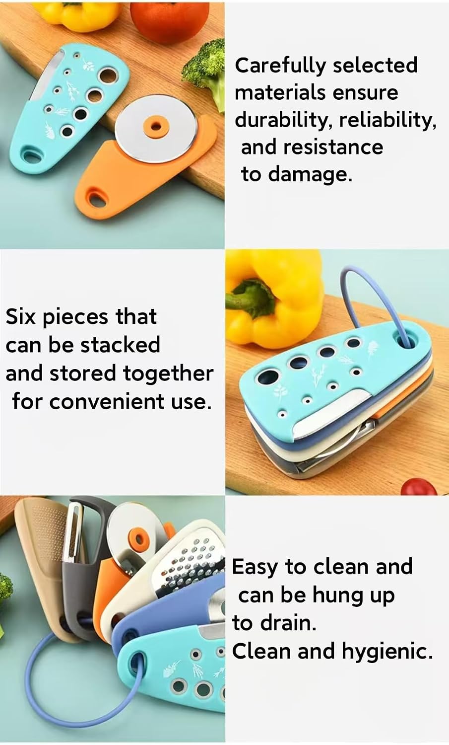 6-in-1 Multifunctional Kitchen Gadget Set with Grater, Pizza Cutter, Bottle Opener, Peeler, Herb Stripper, Garlic Grinder, Space-Saving Stackable Design