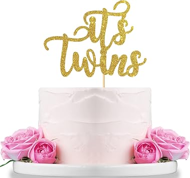 Gold Glitter Its Twins Cake Topper for Baby Shower,Gender Reveal,Baby 6 Months, 1st Birthday Party Decorations Supplies Babies Cake Topper