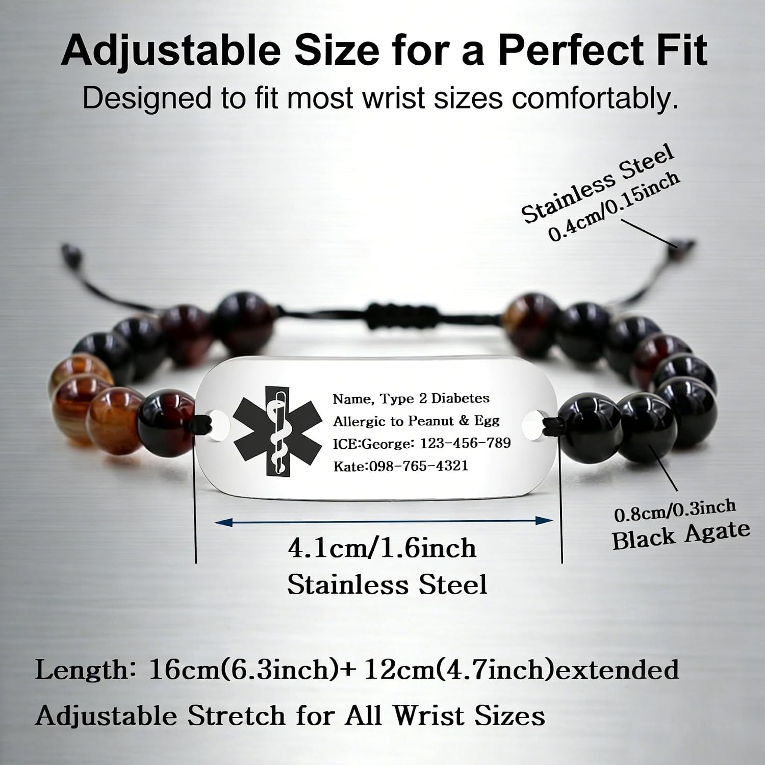 Uloveido Uoveido Medical ID Bracelet for Men & Women – Adjustable 8mm Onyx Beads, Custom Engraving & Dynamic QR Code, Emergency Alert, Stylish Personalized Health Jewelry