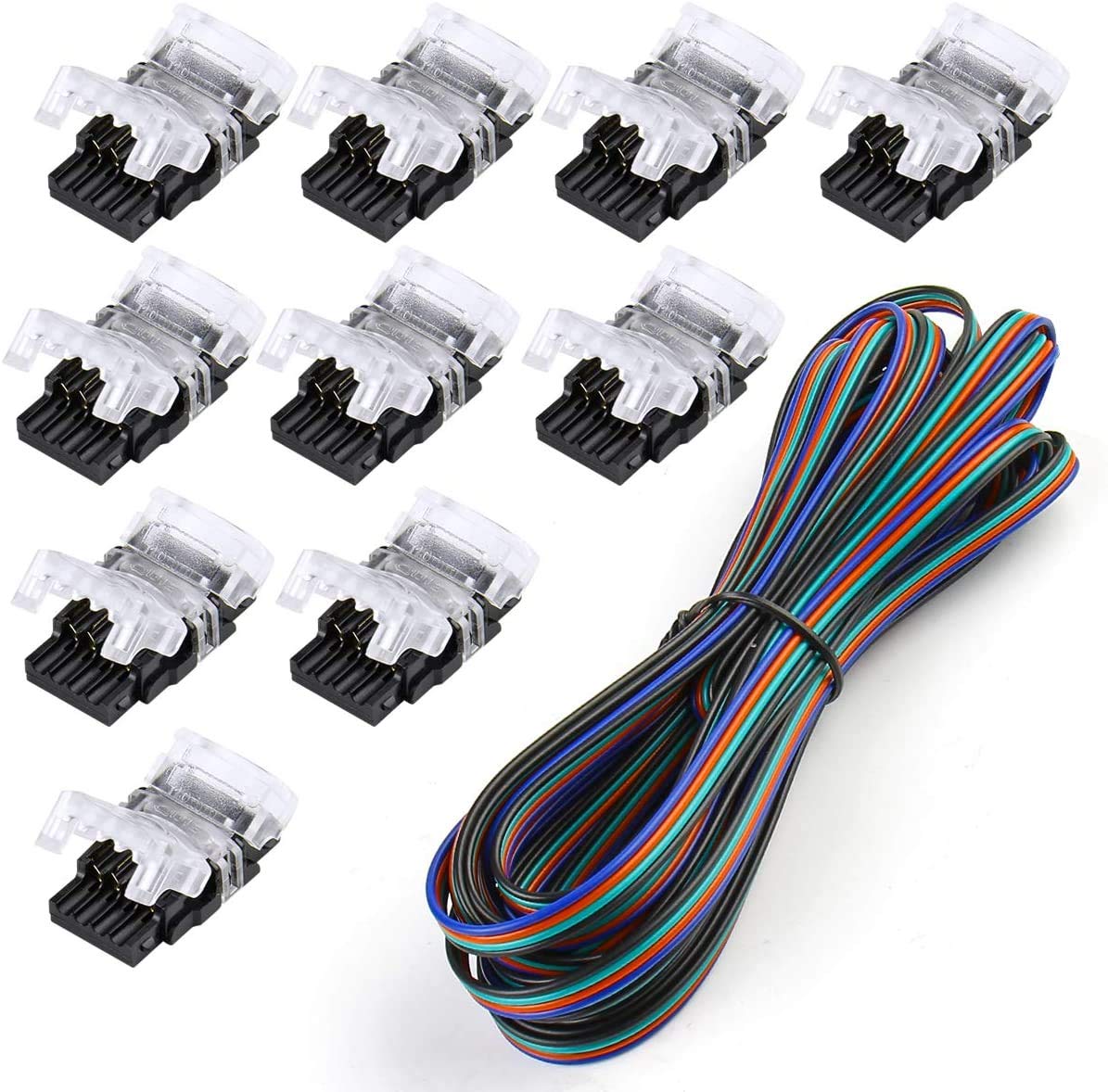 SUPERNIGHT 4 Pin LED Connector for Waterproof 10mm RGB 5050 LED Strip Light | 10 Pack Strip to Wire Quick Connection Without Stripping, Include 16.4ft 22 Gauge 4 Conductor Extension Cable