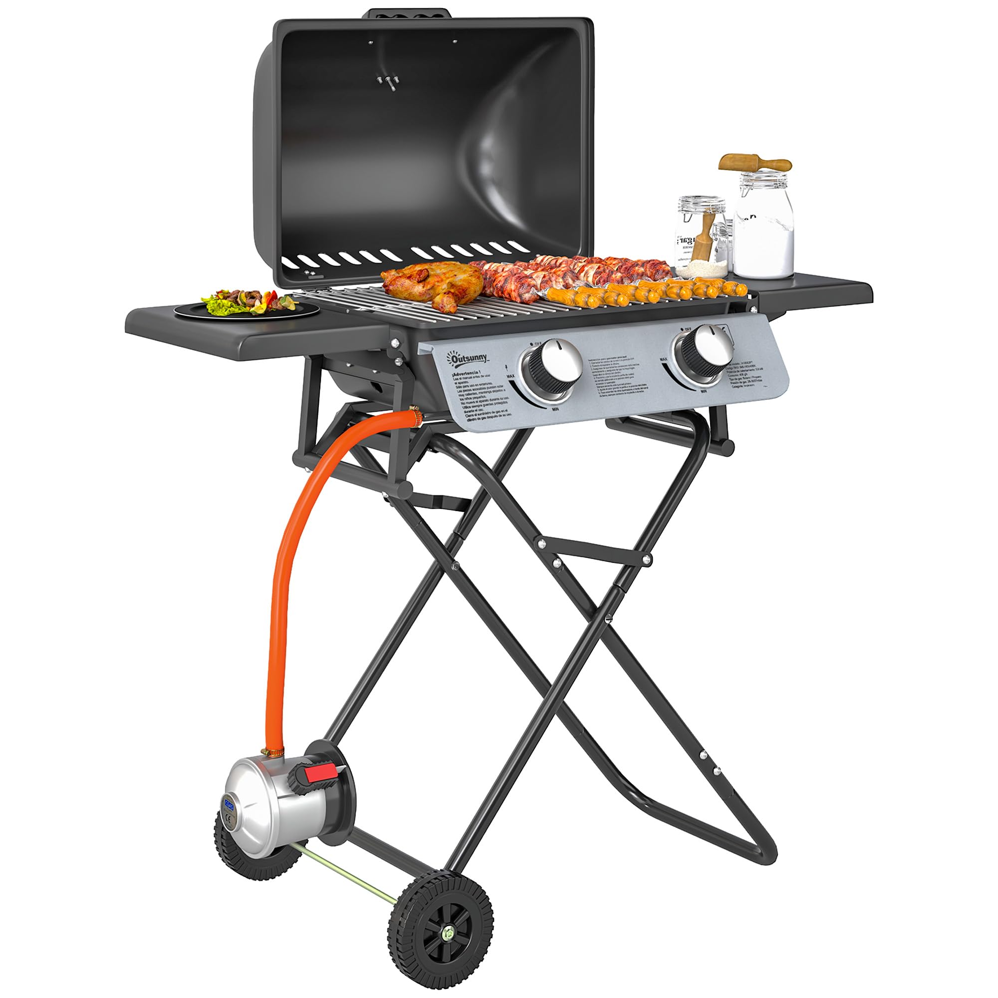 Outsunny Gasgrill mit 2 Edelstahlbrennern, 2,8 kW, tragbarer Grill, zusammenklappbar, mit Seitentischen, abnehmbarem Tablett, Thermometer und 2 Rollen für Picknick, Camping, 101 x 50 x 102 cm, Schwarz