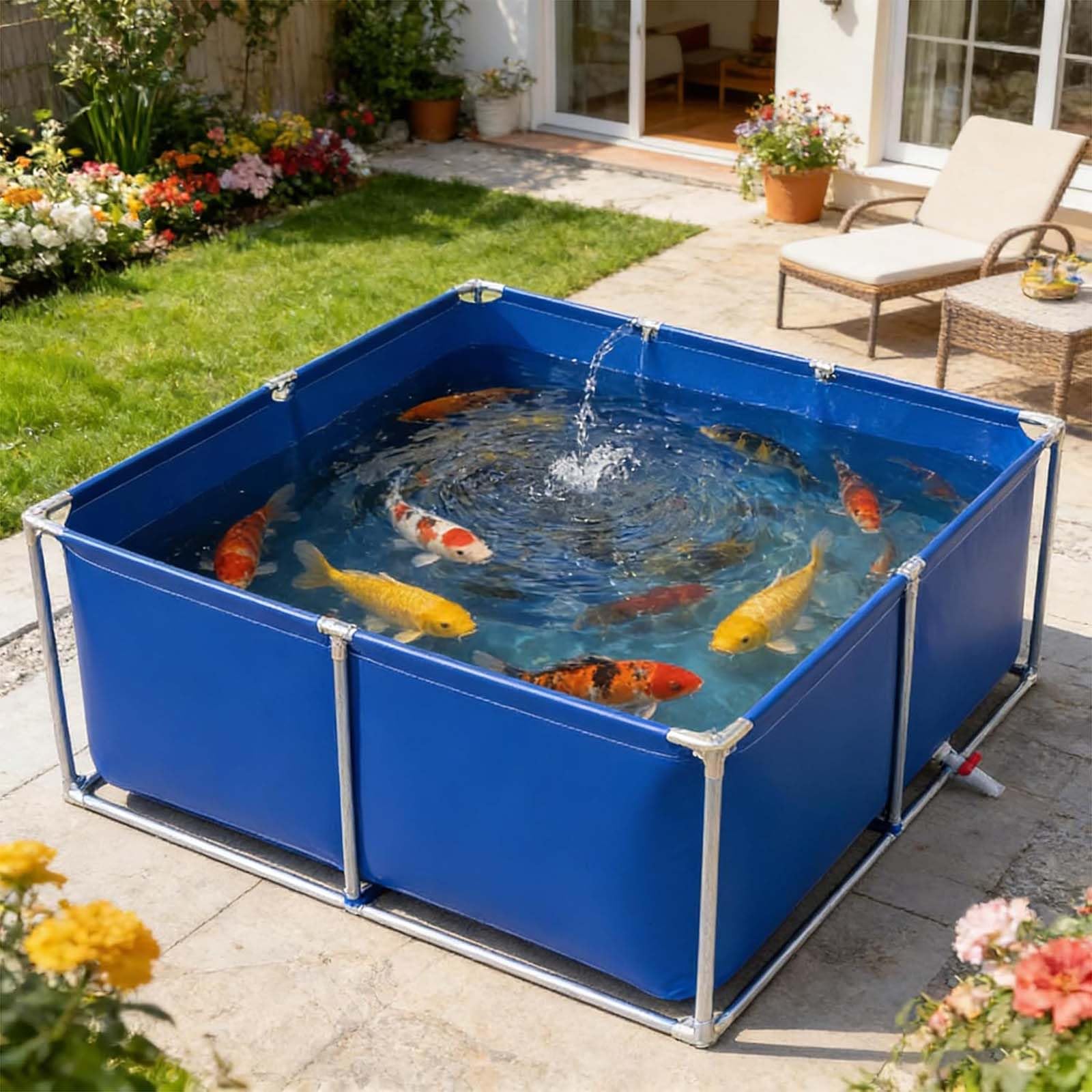 Estanque de Peces sobre el Suelo, con Marco de Acero Inoxidable Válvula de Drenaje, Resistente al desgarro, para koi y Peces, diseño de PVC Duradero,003,1x1x0.6m