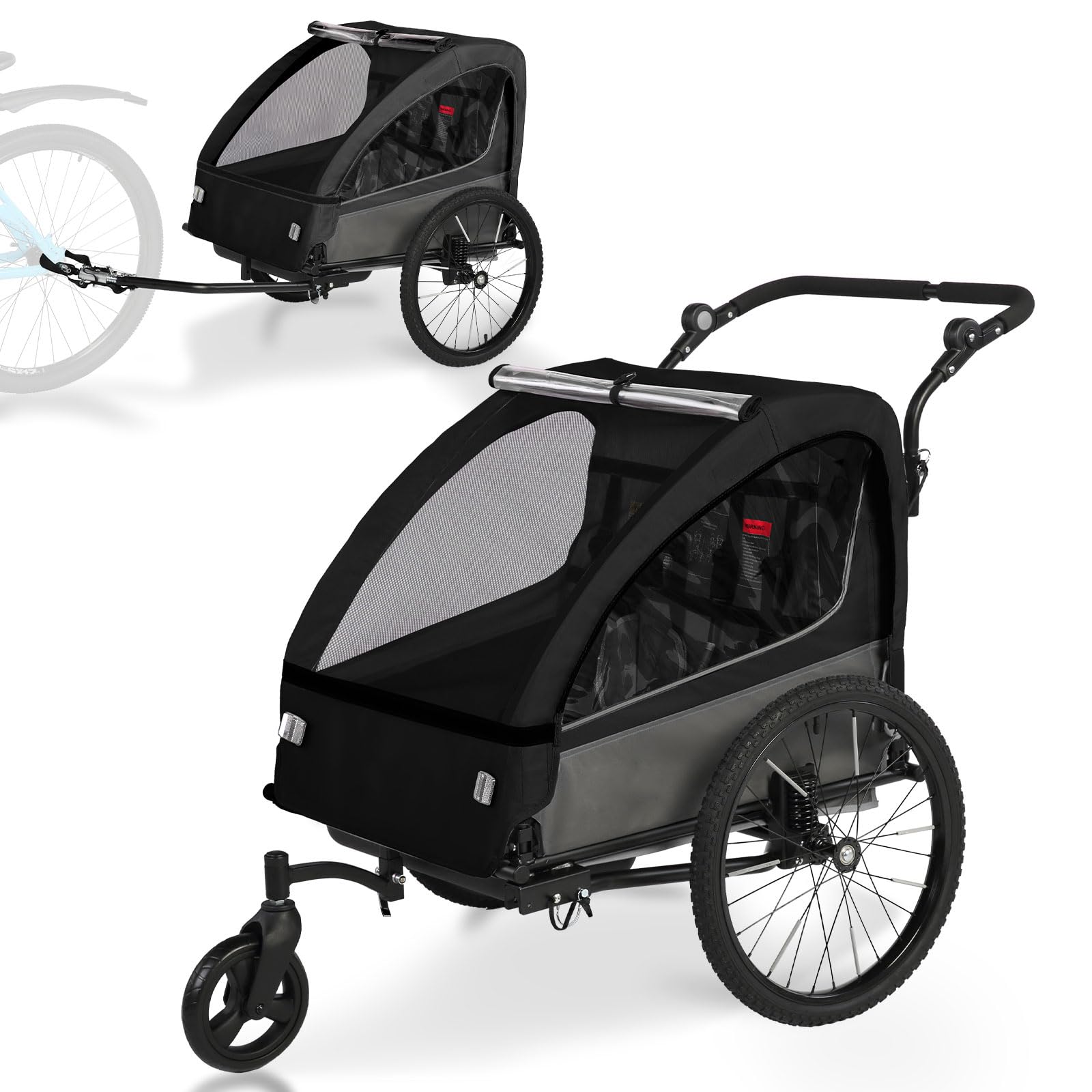 Remorque 2 en 1 pour Enfant avec Suspension pour 1 à 2 Enfants, remorque de vélo Pliable pour 2 Enfants, Poussette avec Grand Espace de Rangement, Fonction Jogging, réflecteurs