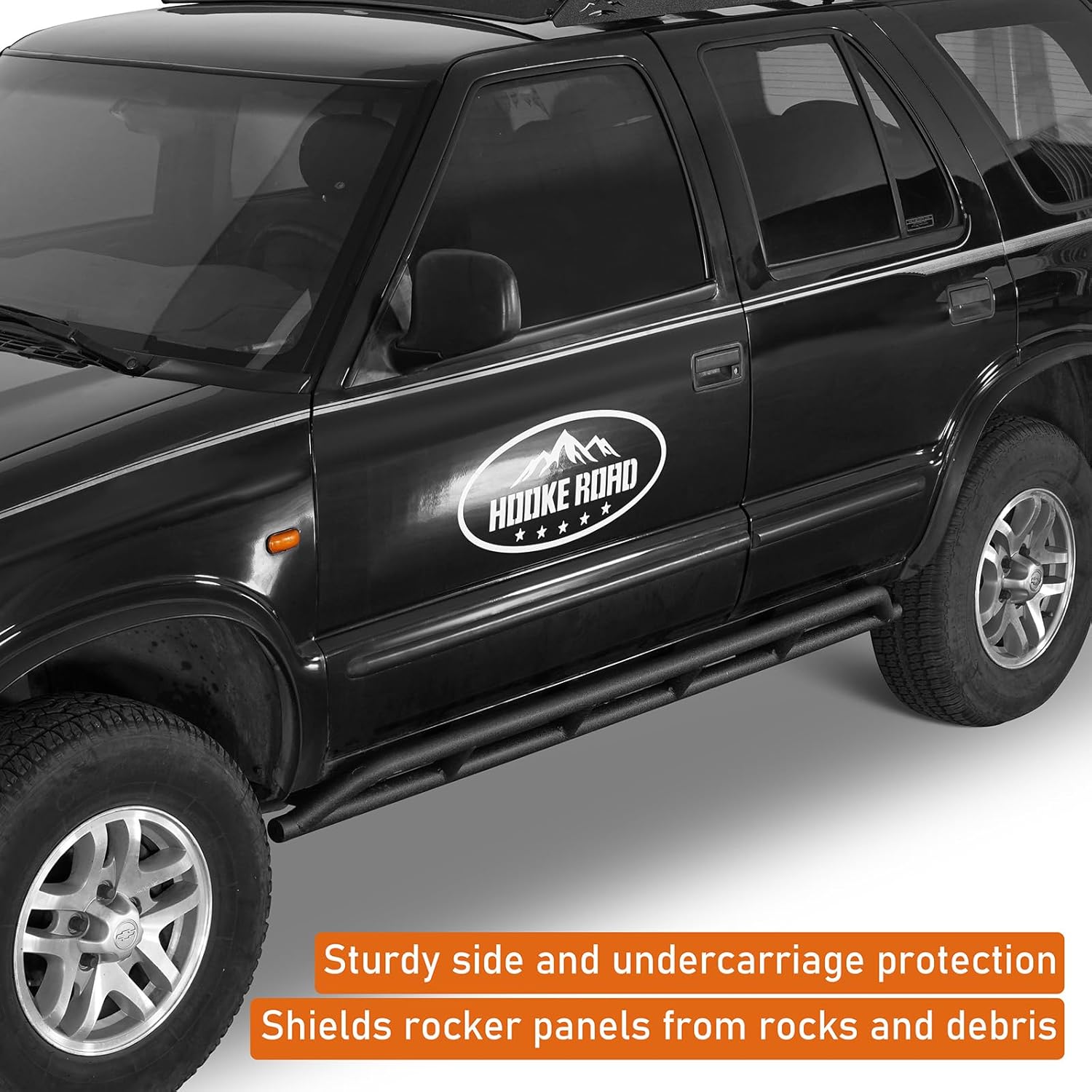 Hooke Road 95-05 Blazer Rock Slider Rails Offroad Protection Running Boards for 1995-2005 Chevy Chevrolet S10 Blazer (4-Door Only), Tube Sliders Rocker Guard Nerf Bars