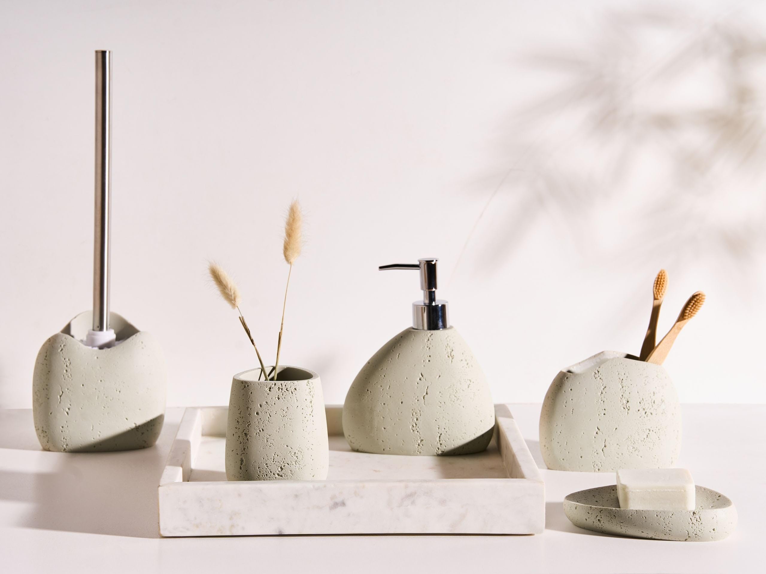 Conjunto de Accesorios de baño jabonera dispensador de jabón escobilla para el Inodoro Vaso Soporte para cepillos de Dientes Beige Claro Coata