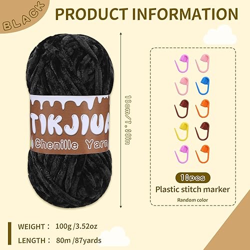 Miniatura 2 de Tikjiua Hilo de felpilla negro de 7 onzas para ganchillo, hilo grueso de felpilla con marcadores de costura, hilo de felpilla grueso para bufanda,