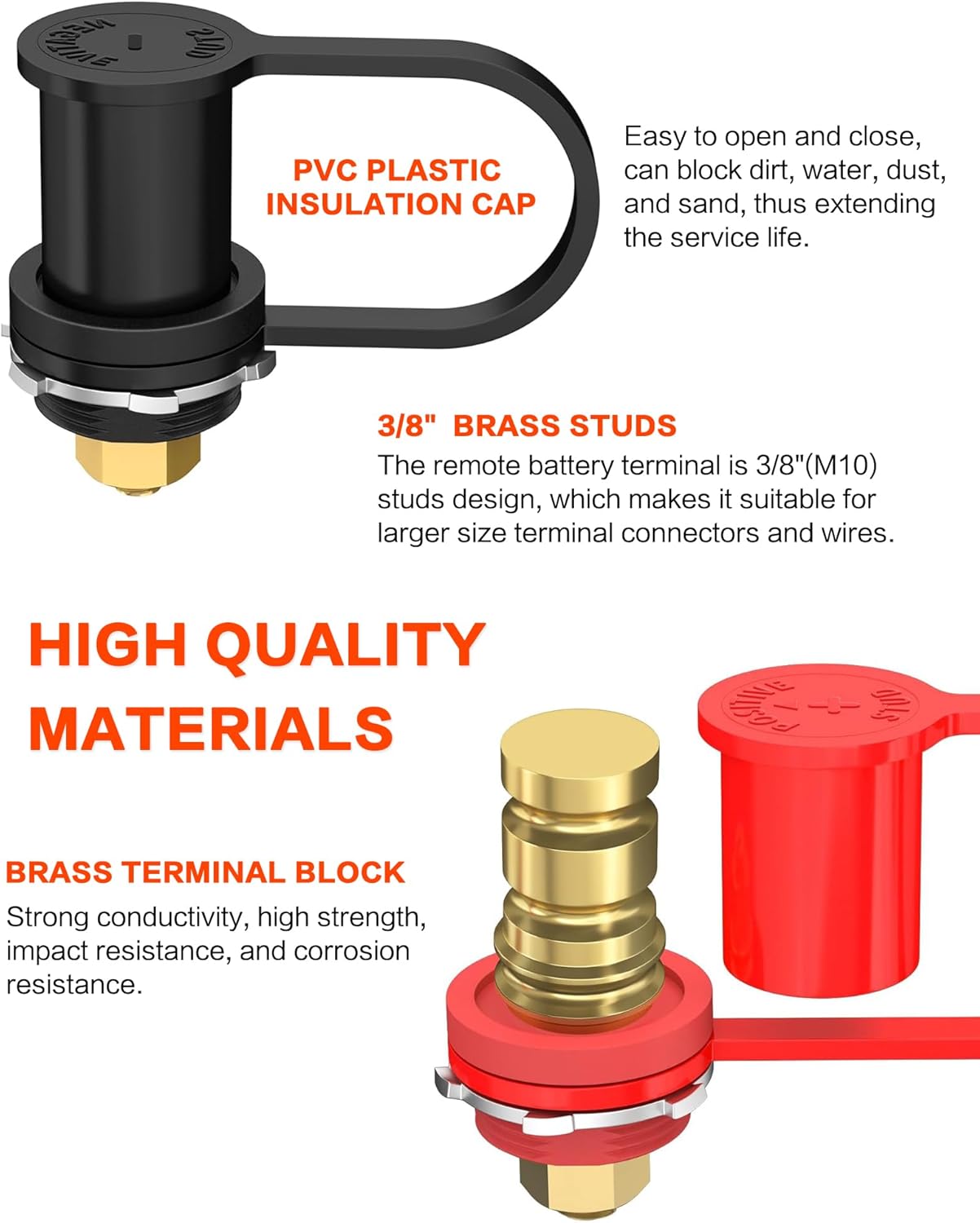 Battery Brass Jump Post 250A Battery Charging Post Kit Remote Battery Terminals with Cover 3/8 inch Stud 47 inch 6 AWG Cable for UTV ATV Car RV Trucks Boat Trailer Can-am (Red & Black)