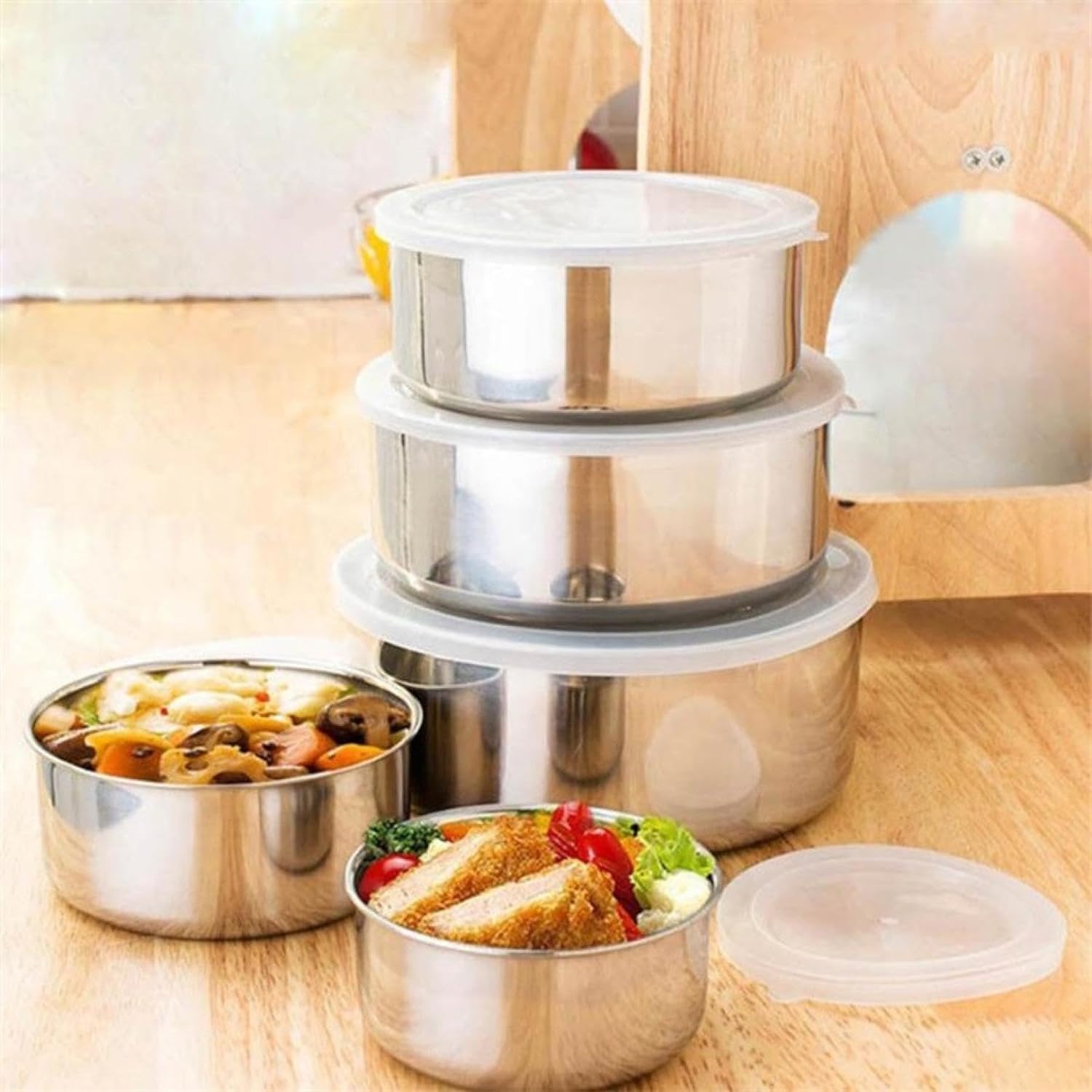 Mixing Bowls With Lids Set, 5 Pcs Mixing Bowl Set Durable Stainless Steel Food Storage Container for Kitchen Leakproof Stackable Mixing Bowl Set for Food Storage,Free brushes