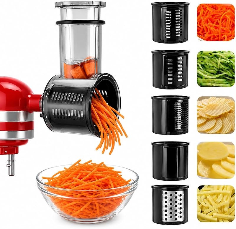5-in-1 Slicer Shredder Attachments for KitchenAid Stand Mixers | Large Feed Chute Cheese Grater,Stainless Steel Detachable Blades,Food Chopper Grinding Powder for Kitchen Aid Accessories