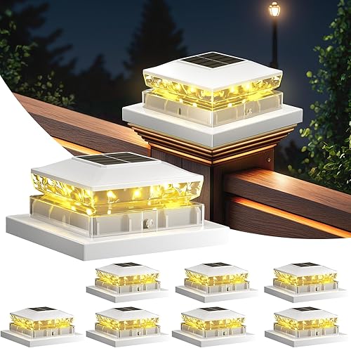 Paquete de 8 luces solares para postes de luz, impermeable, funciona con energía solar, 4 x 4 IP65, luces solares blancas para exteriores, para