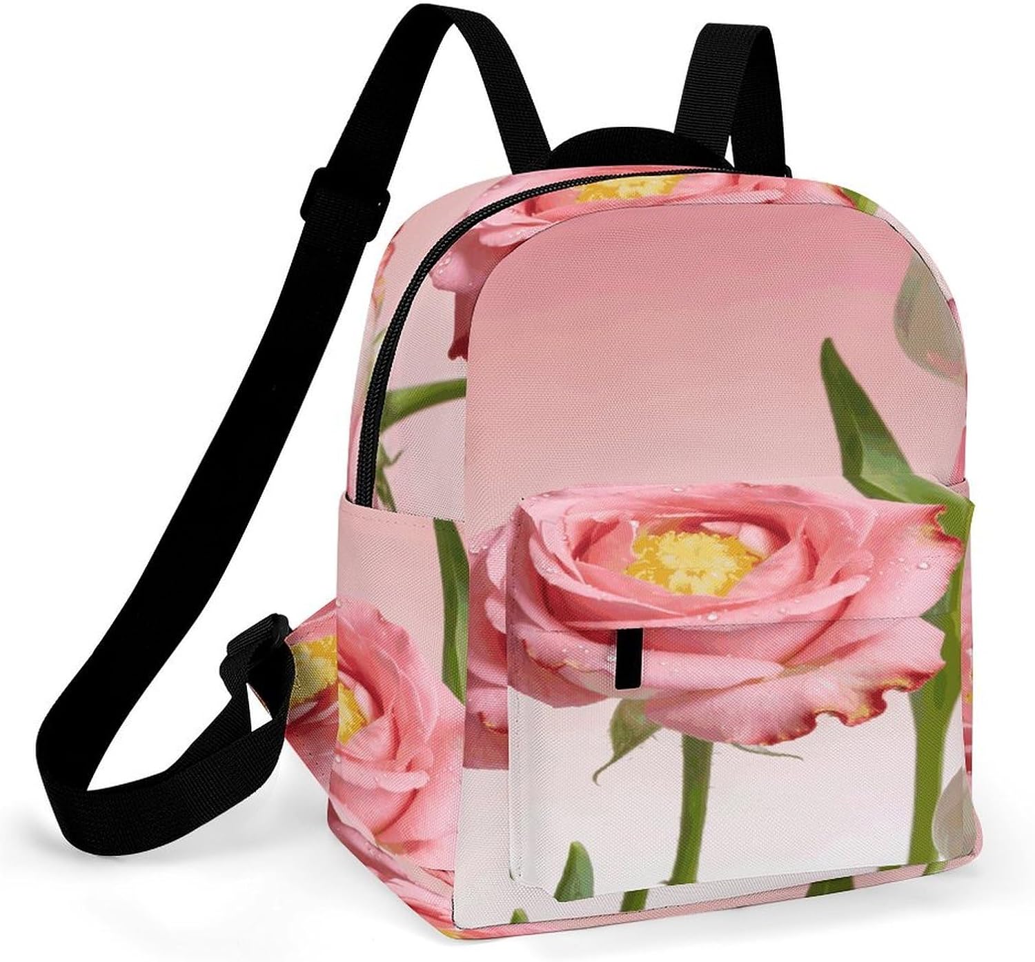 Pink White Flower Mini Backpack Purse for Women | Waterproof durable oxford cloth casual daypack, lightweight small rucksack for work travel outdoor camping daily use & gift