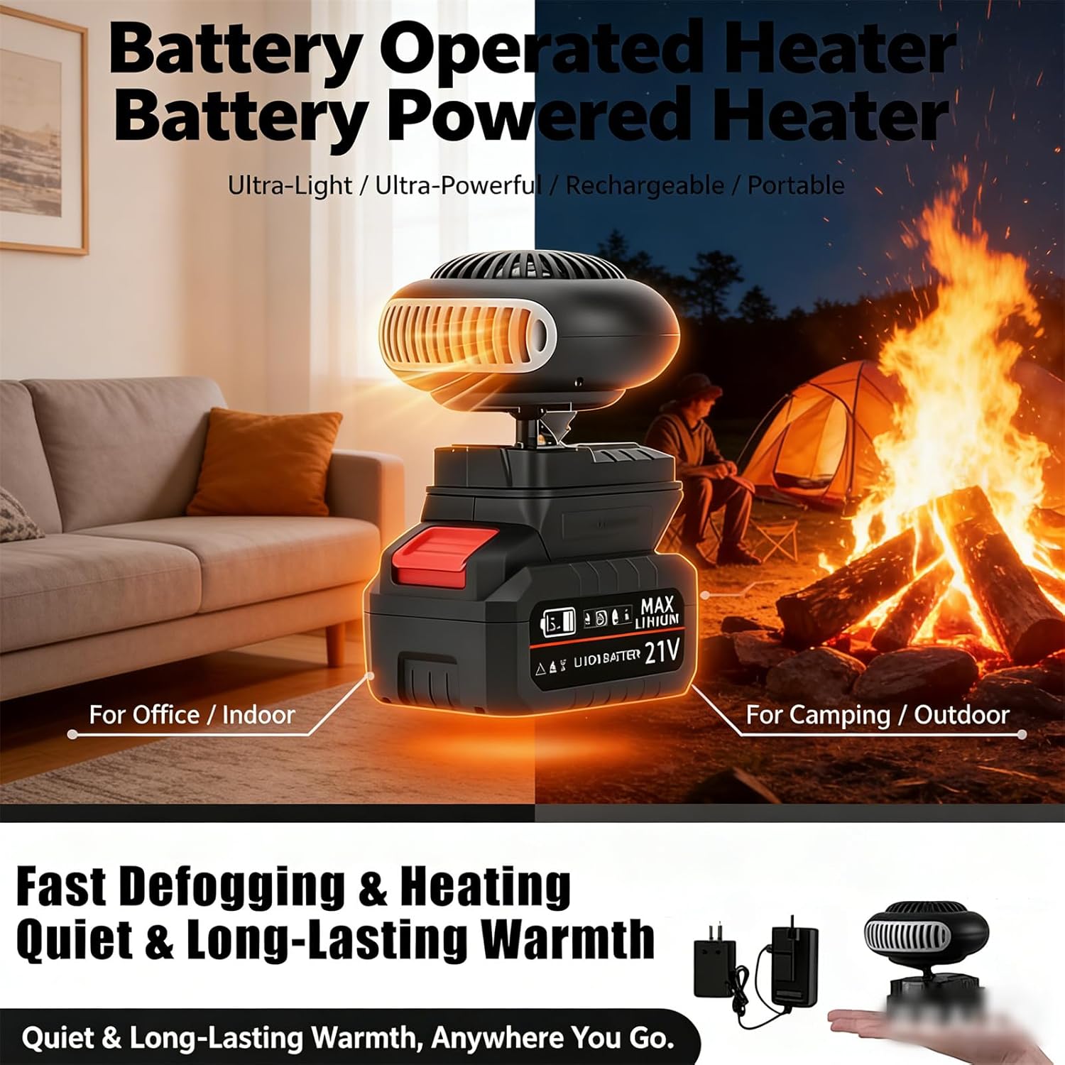 Battery Powered Space Heater, Battery Operated Space Heater Indoor Cordless Rechargeable with USB Batteries, Portable Heaters Quiet Anti Tilt Design for Camping/Car/Indoor/Defroster