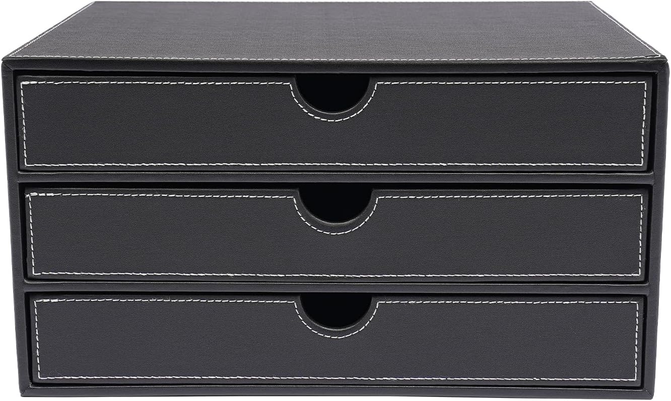 Drawer Box for Documents and Office Supplies - Desk Organizer with 3 Drawers - Storage System Made of Fibreboard and Paper in Linen Look Black