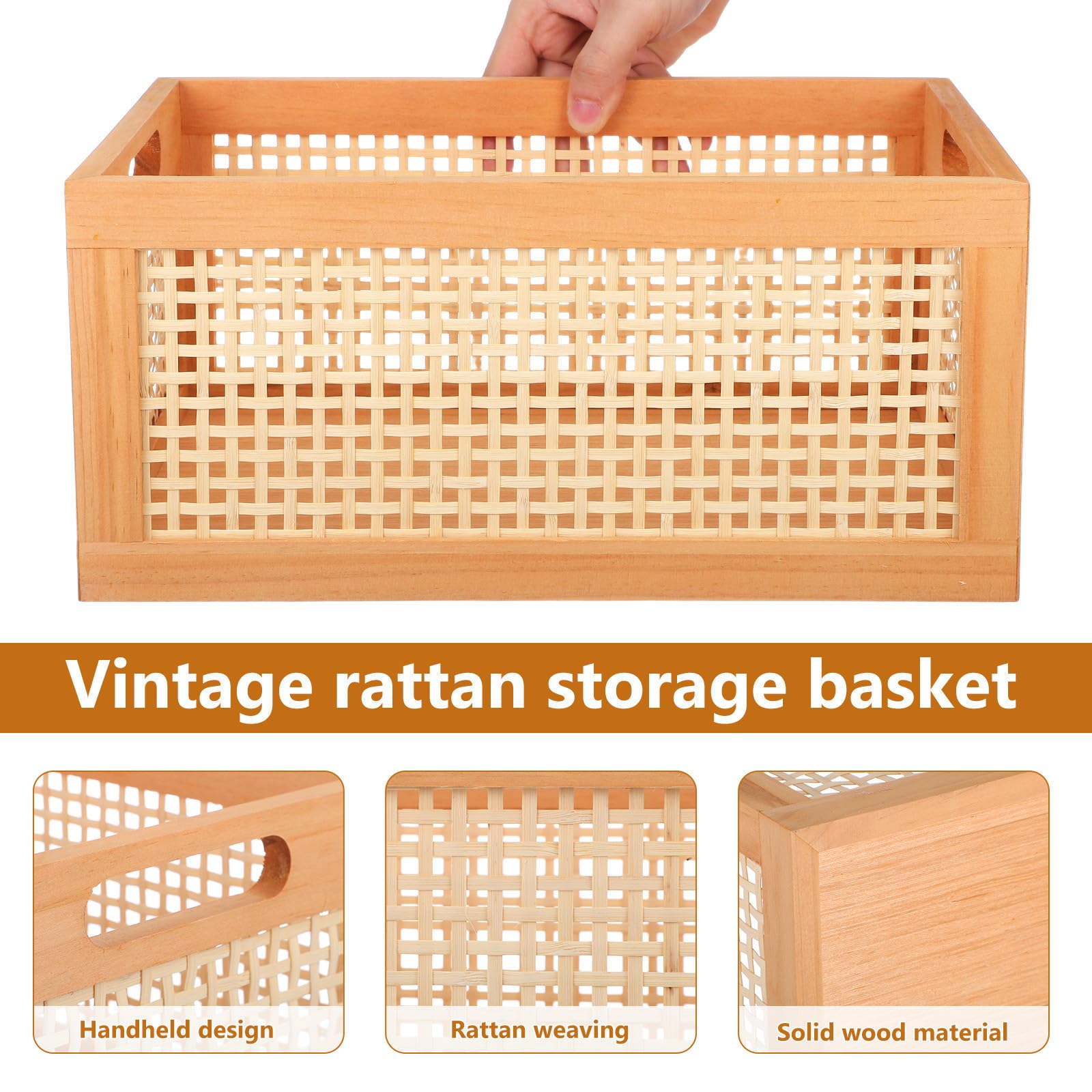 Cestino Portaoggetti Legno Massello, Contenitore Vario con Maniglia 35X25X16 CM per Storage di Oggetti in Cucina e Camera degli Ospiti