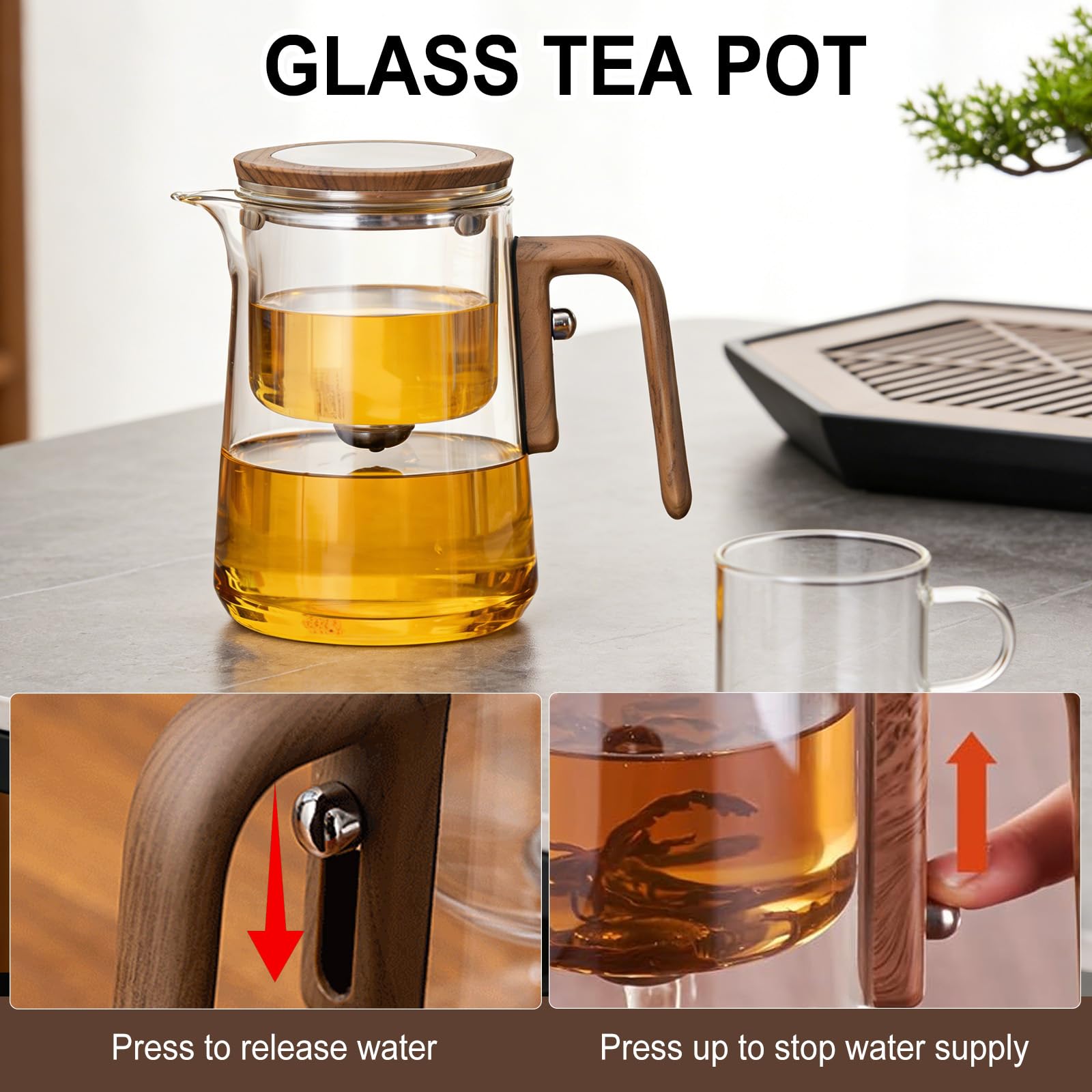 Théière Magique en Verre avec Séparation d'eau,Theiere en Verre Borosilicate avec Infuseur,théière pour Thé en Feuilles manche en bois de noyer,cadeaux pour les amateurs de thé (800, Millilitres)