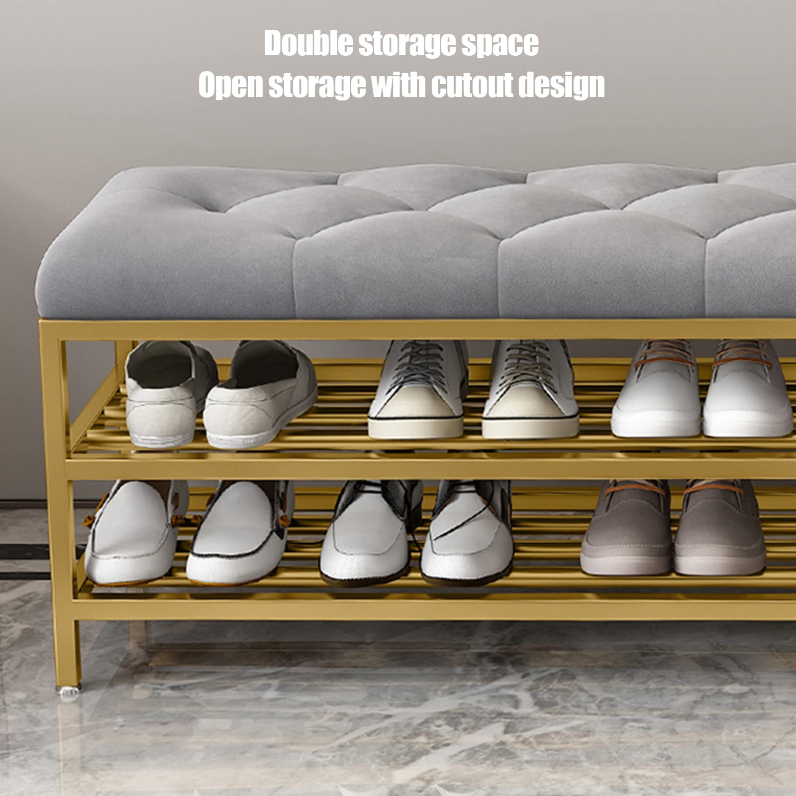 Scarpiera in metallo con seduta in velluto, panca moderna per corridoio, elegante arredamento d'accento, soluzione salvaspazio