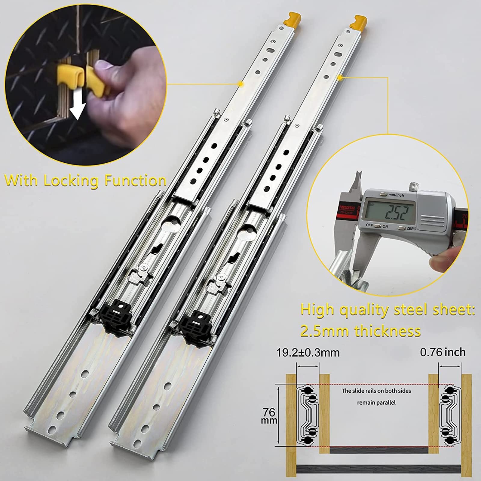 Corredores de cajón resistentes de 1200 mm con bloqueo de bolas de metal, extensión completa, capacidad de 120 kg, 1 par, ideal para un deslizamiento suave y máximo apoyo (tamaño: 400 mm/16 pulgadas)