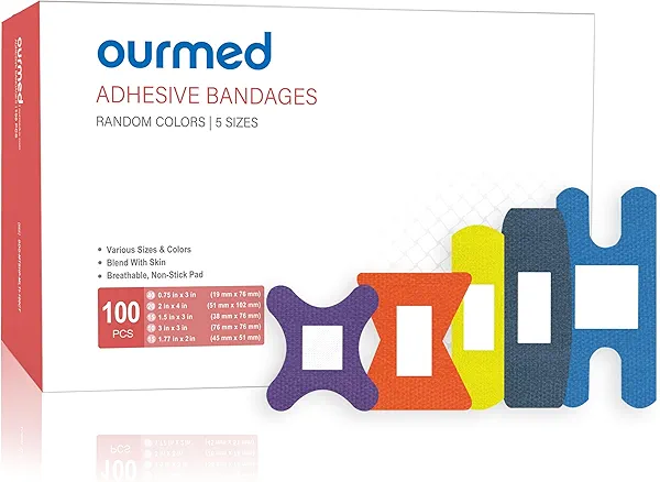 Ourmed Flexible Fabric Bandages with Non-Stick Pad, Latex Free, Rainbow Colors Adhesive Bandage First Aid Wound Care for Cuts, Scrapes, Blisters, Assorted Sizes, 100 Count