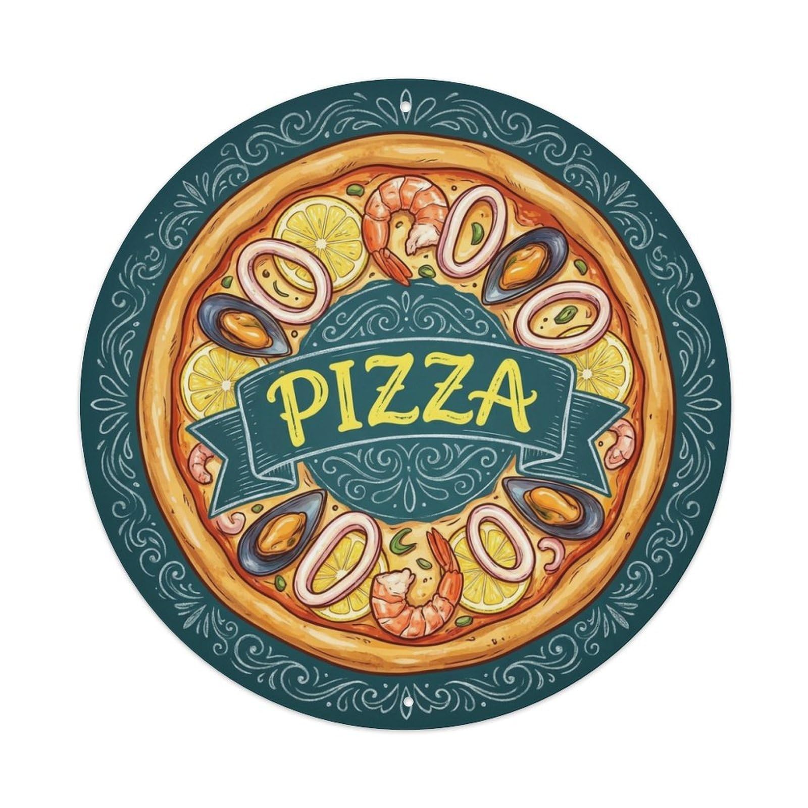 Squid Lemon Seafood Pizza Italian Cuisine Metal Tin Sign