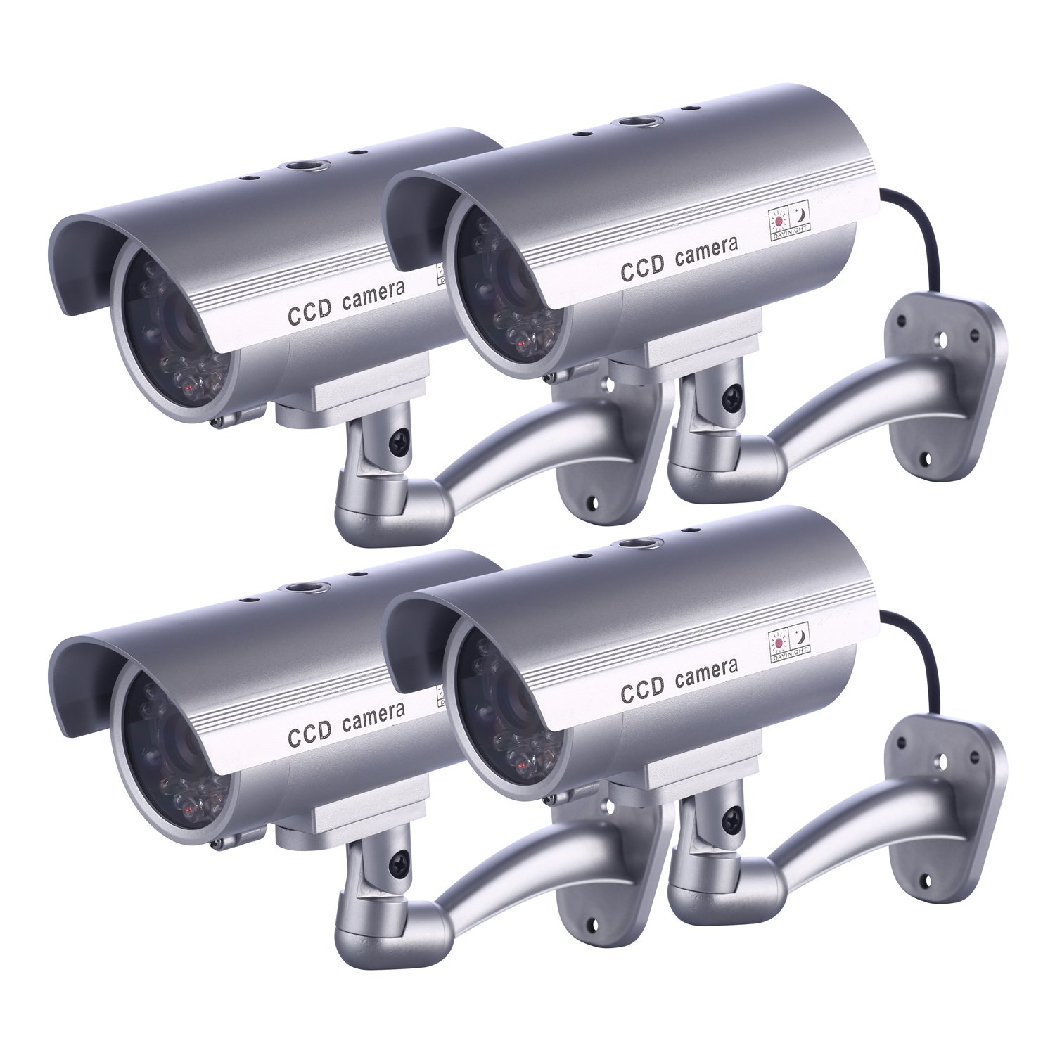 4 x Fake Dummy Camera IDAODAN Realistic Security CCTV Surveillance for Outdoor Use with Flashing LED Light Bullet Shape Silver