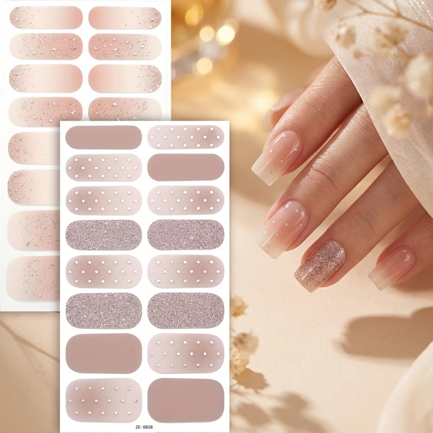 Nude Gradient Nail Art Stickers Elegant Nail Strips Glitter Nail Wraps 3D 4Sheets Full Cover Nail Stickers Polka Dot Self-Adhesive Nail Supplies for Women Manicure Accessories Decoration