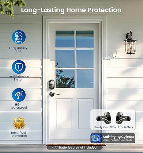 Miniatura 5 de Veise Cerradura de puerta de entrada sin llave con 2 manijas de palanca, cerrojo de teclado electrónico, bloqueo automático, luz trasera y diseño de