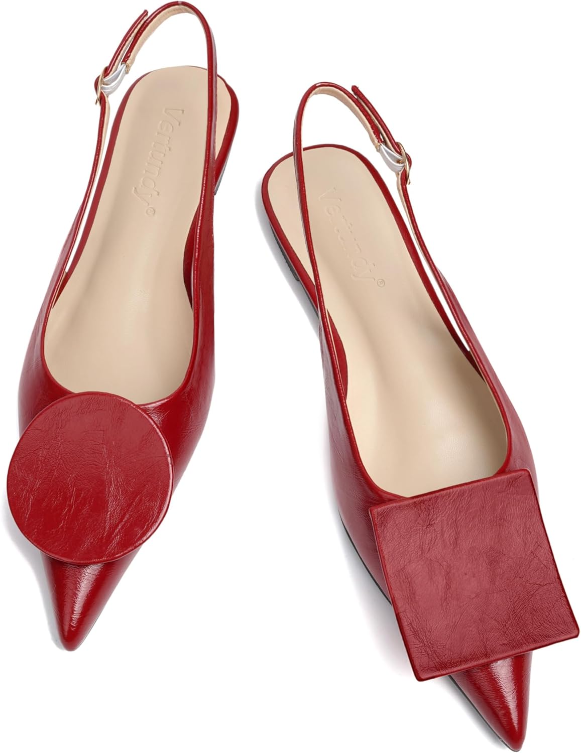 Vertundy Women's Slingback Flats Pointed Toe Flats for Women Low Heel Pumps Ankle Strap Sandals Circle Square Decorative Fashion Design Shoes