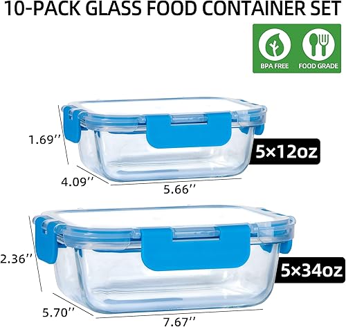 Miniatura 2 de UMEIED Paquete de 10 recipientes de vidrio para almacenamiento de alimentos con tapas a prueba de fugas, recipientes herméticos de vidrio para