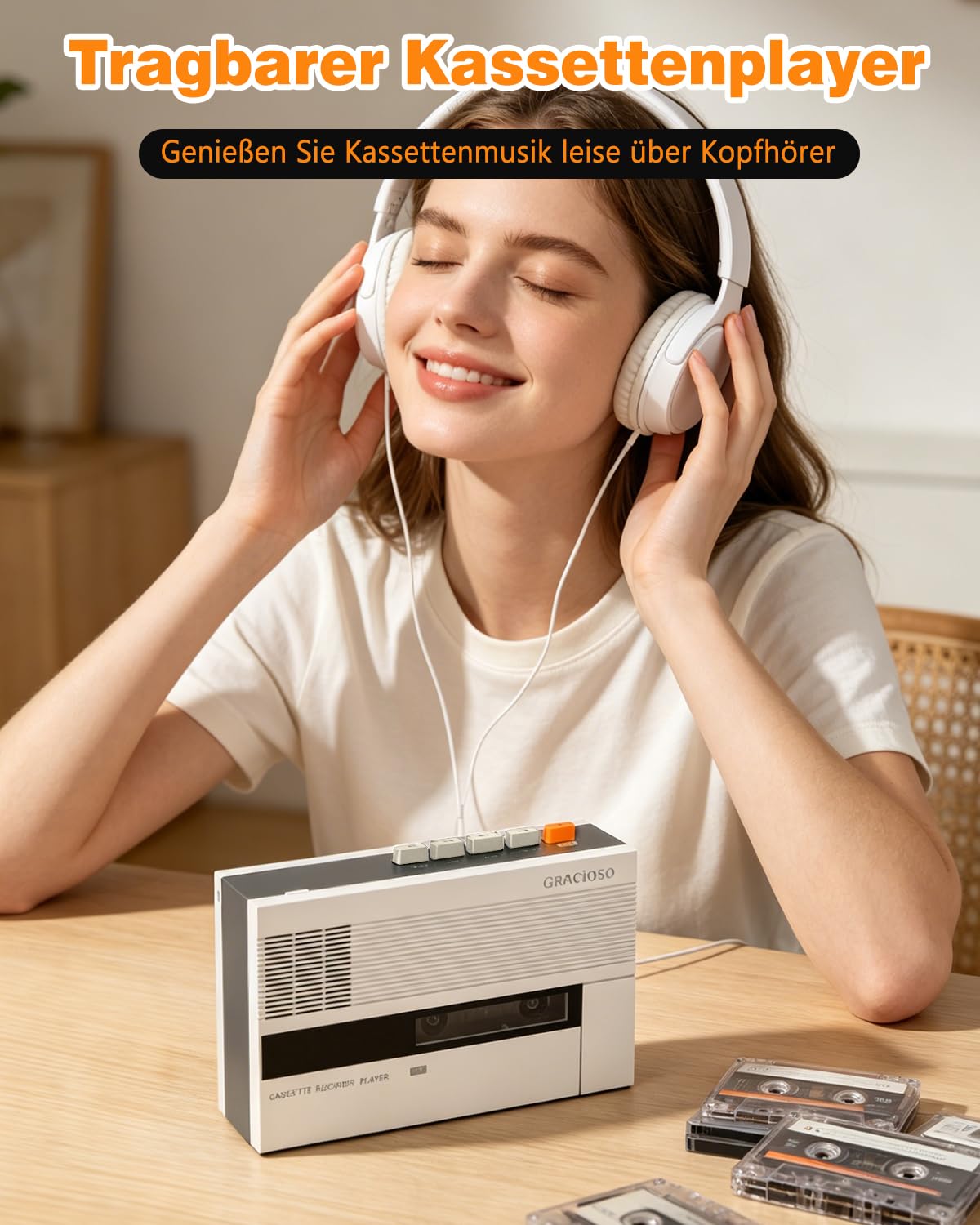 Tragbarer Kassetten-Player mit Bluetooth Sender & Empfänger, 2000mAh wiederaufladbar, Kassettenrekorder für Sprache & Bluetooth Musik, integrierter Lautsprecher, 3,5 mm Kopfhöreranschluss