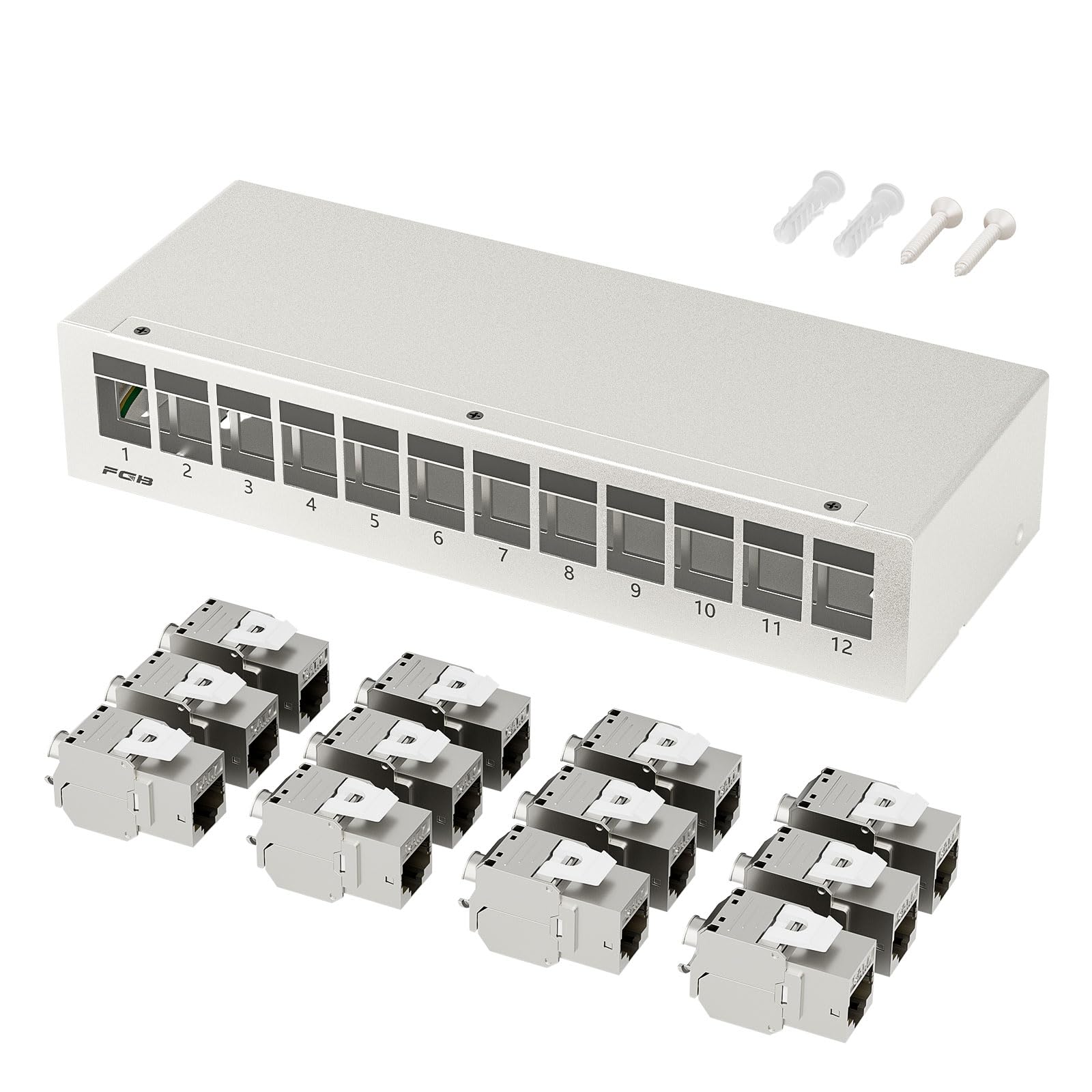 FGB Pannello patch CAT7 a 12 porte con 12 moduli jack Keystone CAT.7 RJ45 | 10 Gbps, pannello di distribuzione STP per rete LAN DSL, compatibile CAT6, CAT6a, CAT7, CAT8, cavo di rete