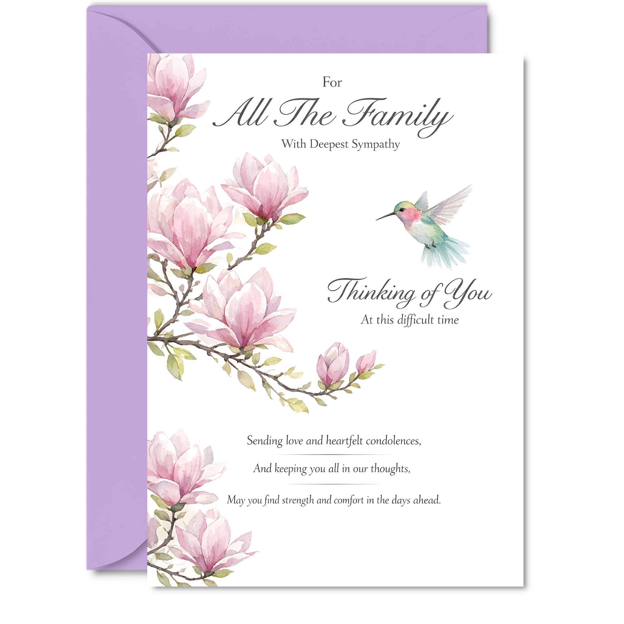 Comforting Sympathy Card - Gentle Words for a Difficult Time - Delicate Pink Magnolia and Hummingbird Design - Uplifting Touch to Show Your Care - 5X7 Inch, Envelope Included