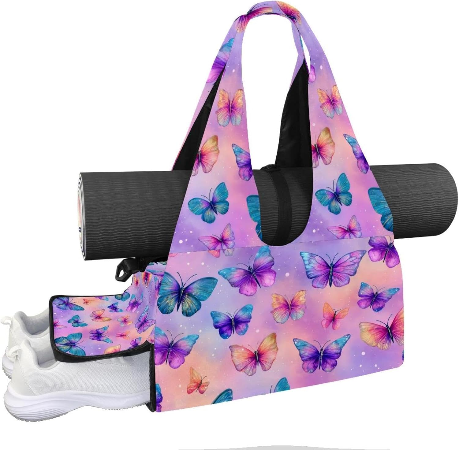 Yoga Mat Bag, Gym Workout Bag with Shoe Compartment, Pink Blue Butterfly Pilates Bag for Women, Quick Access Storage Yoga Tote Bag for Sports Travel Office