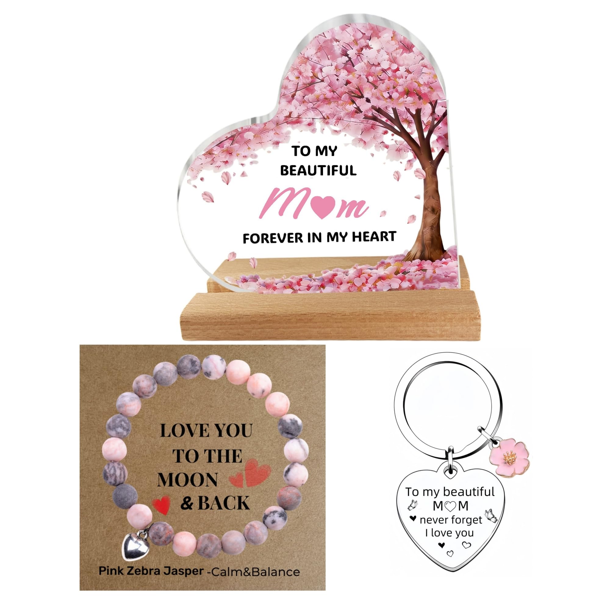 Mothers Day Gifts For Mum, Unique Gifts For Mum, Mum Birthday Gifts Set With Keychain, Mothers Day Presents From Daughter & Son,Pink Zebra Jasper Beaded Hand Chain & Cherry Blossom Acrylic Keepsake