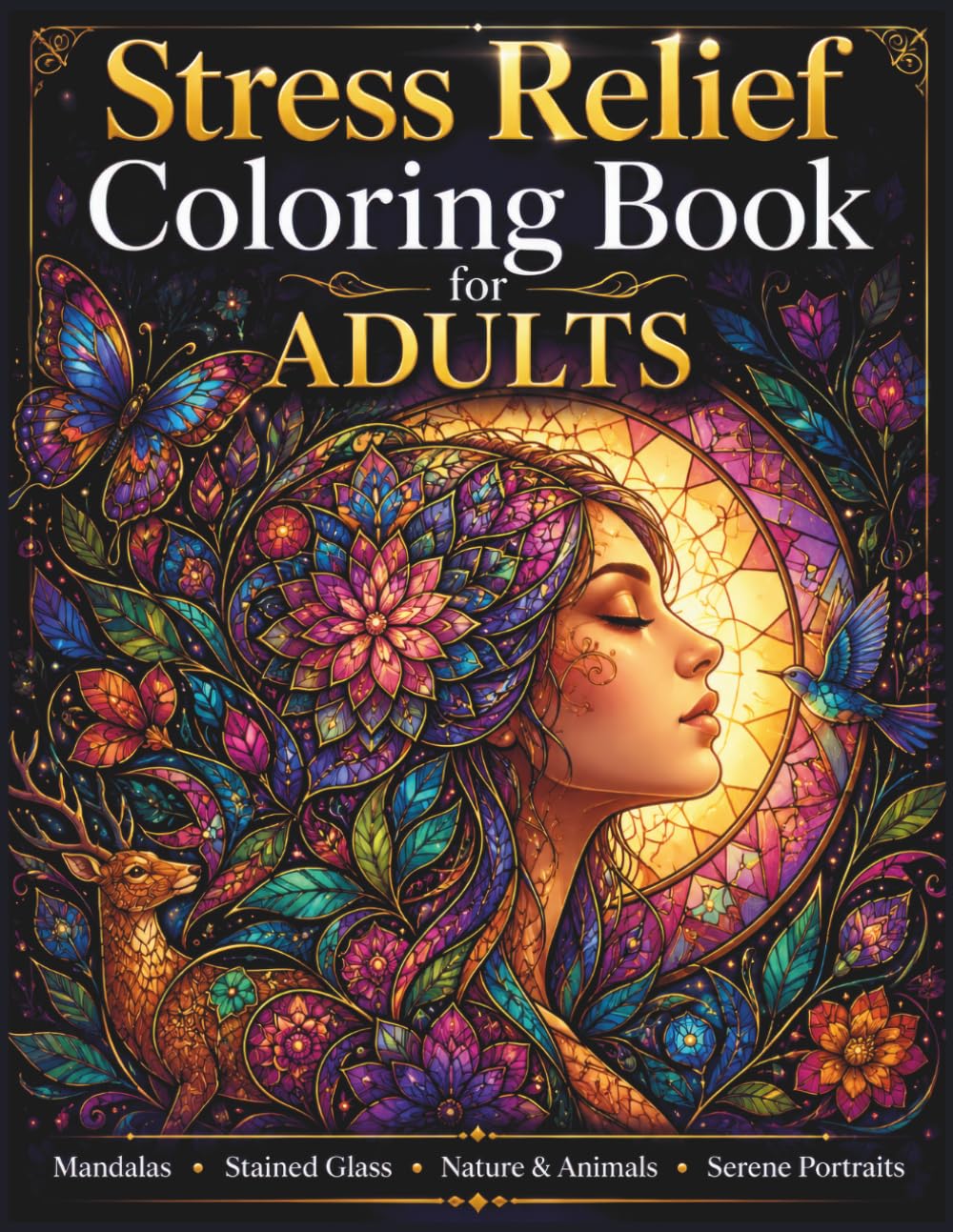 Stress Relief Coloring Book for Adults: Mandalas, Stained Glass, Nature & Animals, Serene Portraits: 50 Calming Designs for Mindful Coloring, Relaxation and Focus