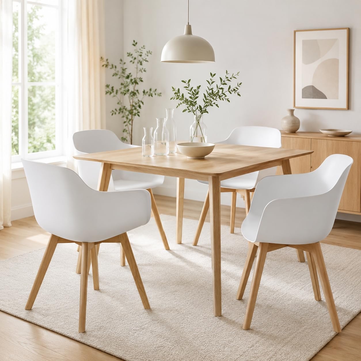 EGGREE Lot de 4 chaises de Salle à Manger et Pieds en Bois de hêtre Massif, Chaise de Salon avec accoudoirs, Blanc