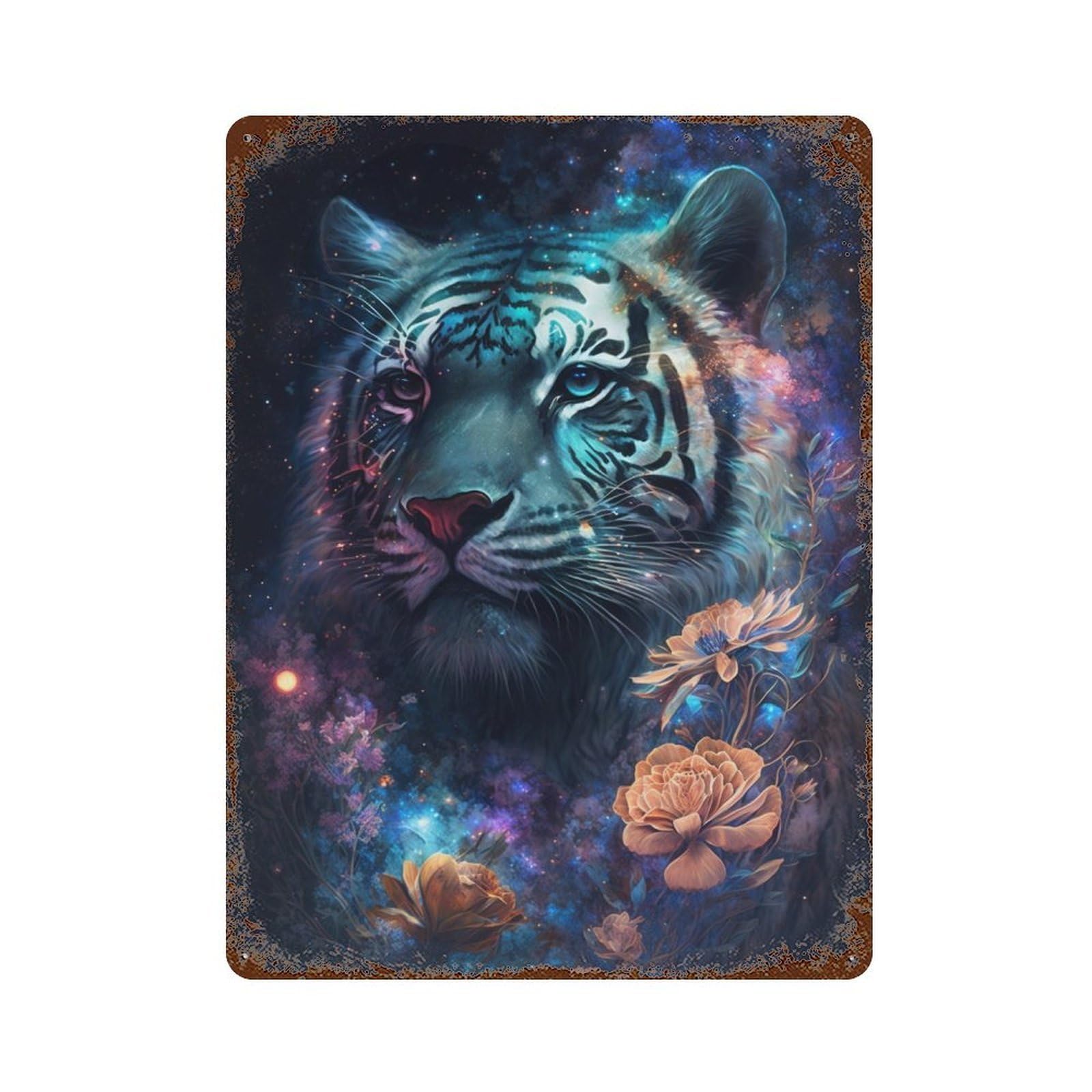 Galactic Tiger with Flowers 15.7"x11.8" Weathered Tin Sign, Shabby Chic Decor for Cafe, Home Bar And Lounge Decor