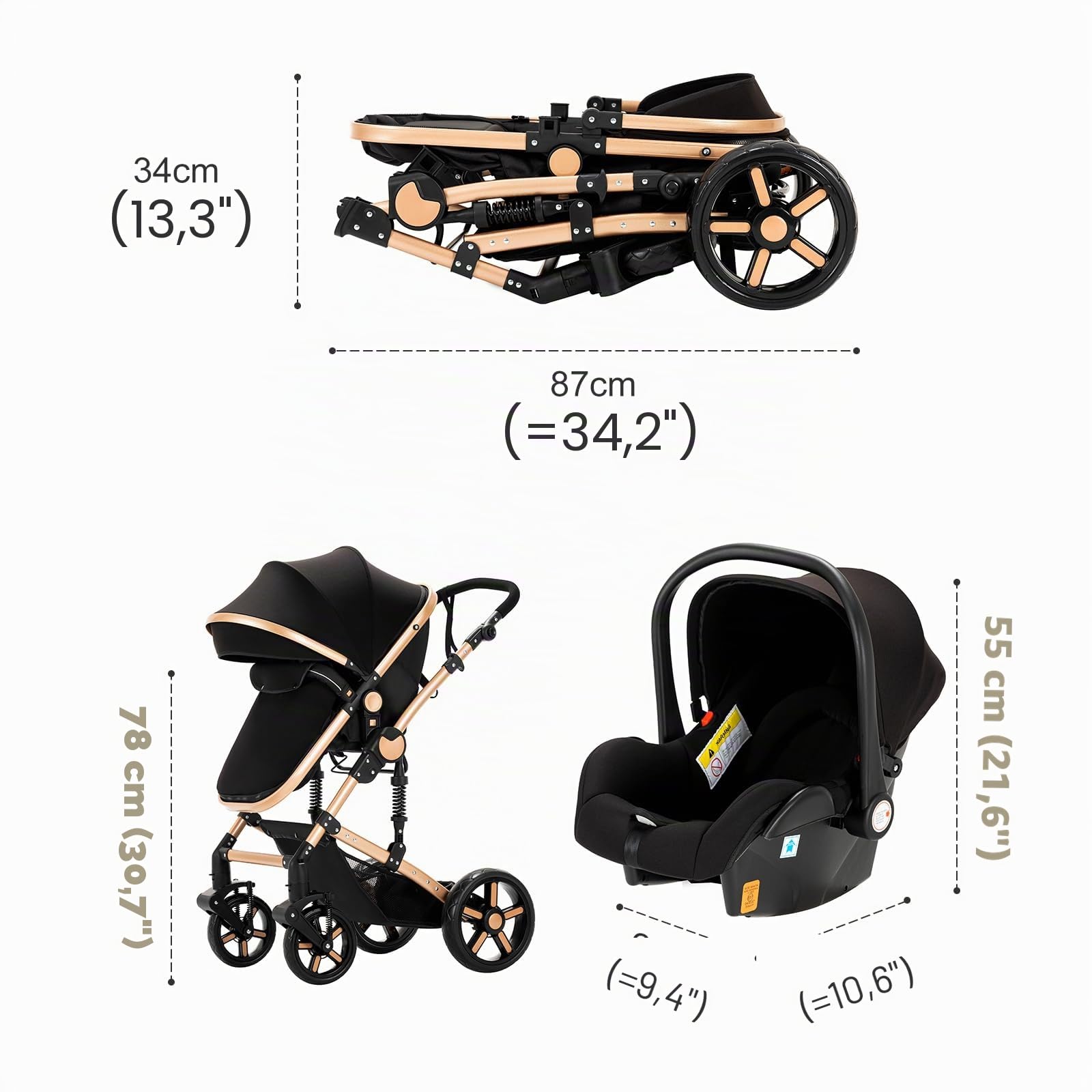 Magic ZC Carrito Bebe 3 en 1, Carro de Bebe 3 Piezas con Empuje Reversible de Dos Vías, Carrito Bebe con Diseño Portátil Plegable de Un Clic, Cochecito Bebe 3 Piezas con Accesorios (588 Black Gold)