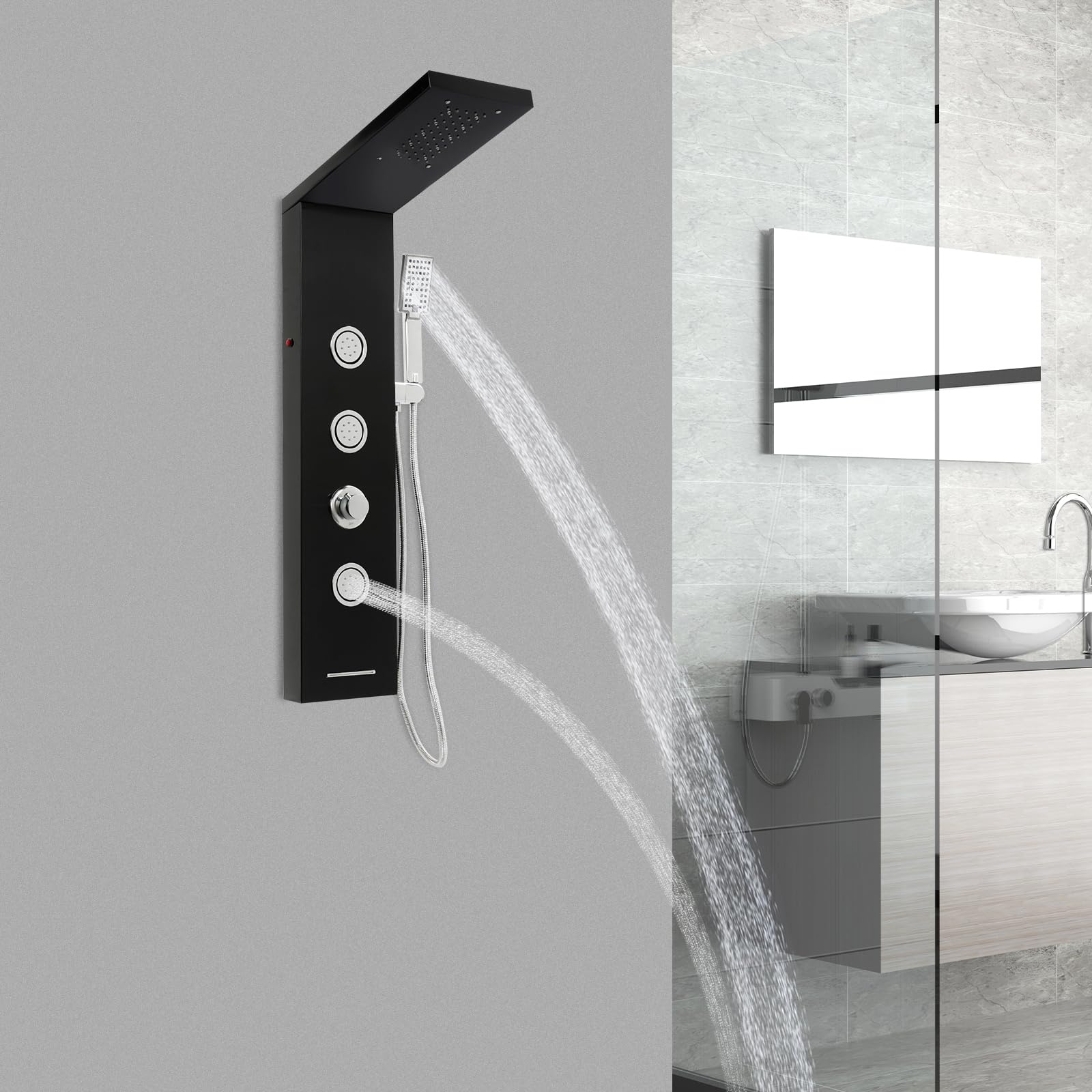 Panel de ducha con grifo, columna de ducha con iluminación LED, 3 chorros de masaje, sistema de ducha multifuncional de acero inoxidable, ducha de mano y ducha cascada (negro)