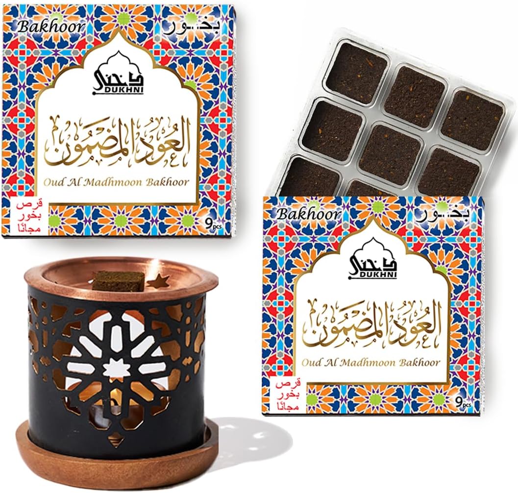 - Oud Al Madhmoon Bakhoor Set by Dukhni | 2X 9 Piece Each & Oriental Bakhoor Burner| Arabic Bakhoor Incense| Fruity Floral Oud Blend| Perfect for Prayer Time | to Relax & Meditate