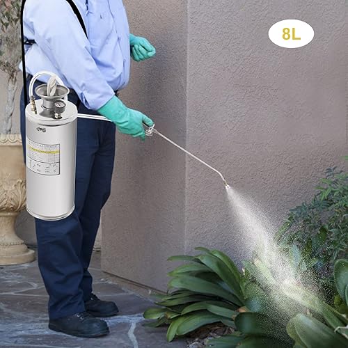 Miniatura 5 de Pulverizador de acero inoxidable de 2.1 galones, juego con varita y mango de 19.6 pulgadas y manguera reforzada de 3.9 pies, rociador de bomba